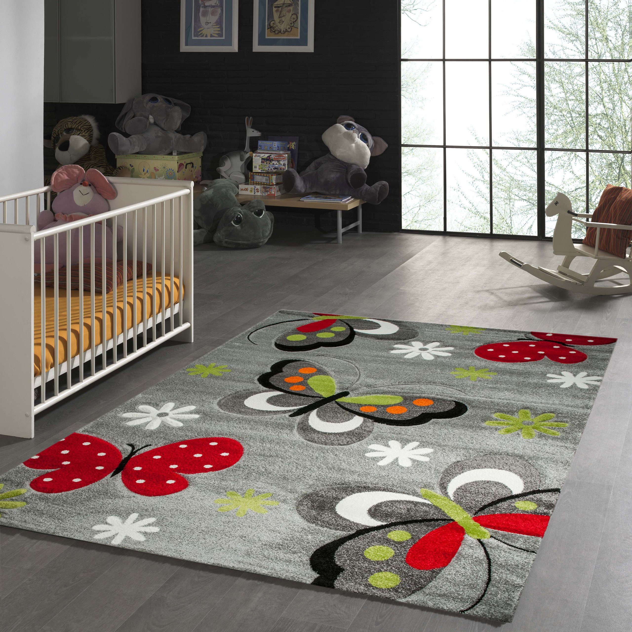 TeppichHome24 Kinderteppich Kinderteppich Schmetterling Design Grau günstig online kaufen