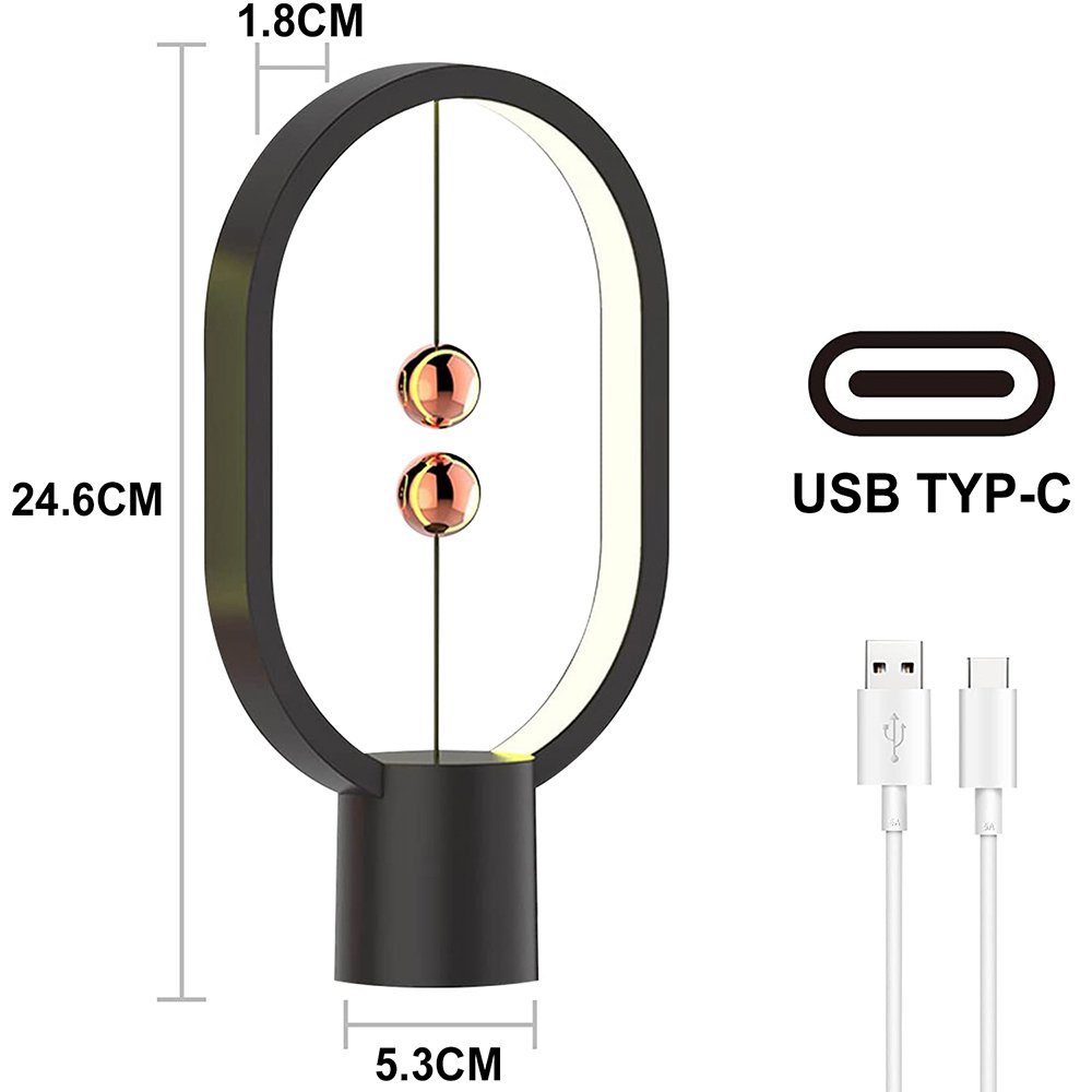 Rosnek LED Schwarz Warmweiß, Heng Büro Schlafsaal Nachttisch Licht USB, Schalter, Nachttischlampe Magnetischer Balance Deko, für