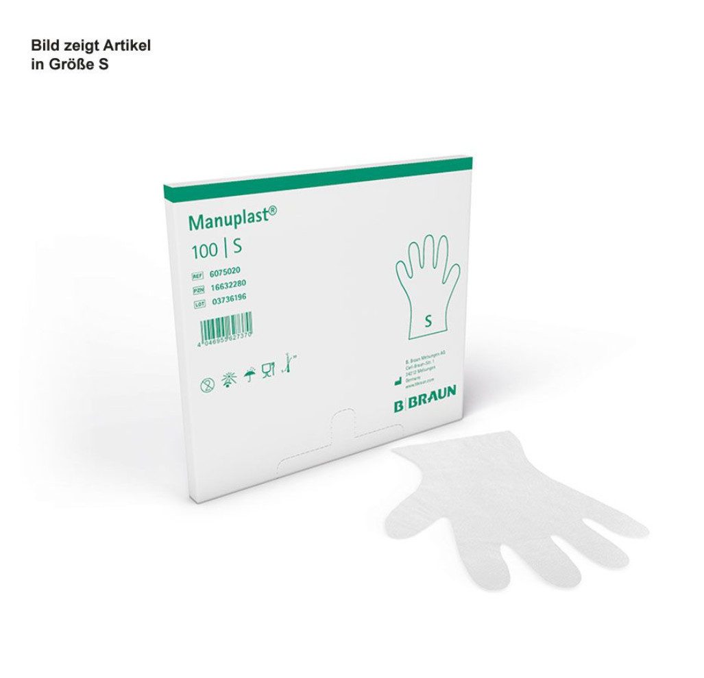 B. Braun Einweghandschuhe Manuplast PE Untersuchungshandschuhe Gr. S/L (Einmalhandschuhe, 100-St., Umweltfreundlich, Leicht und glatte Oberfläche) Latex-und Puderfrei – geeignet für Allergiker