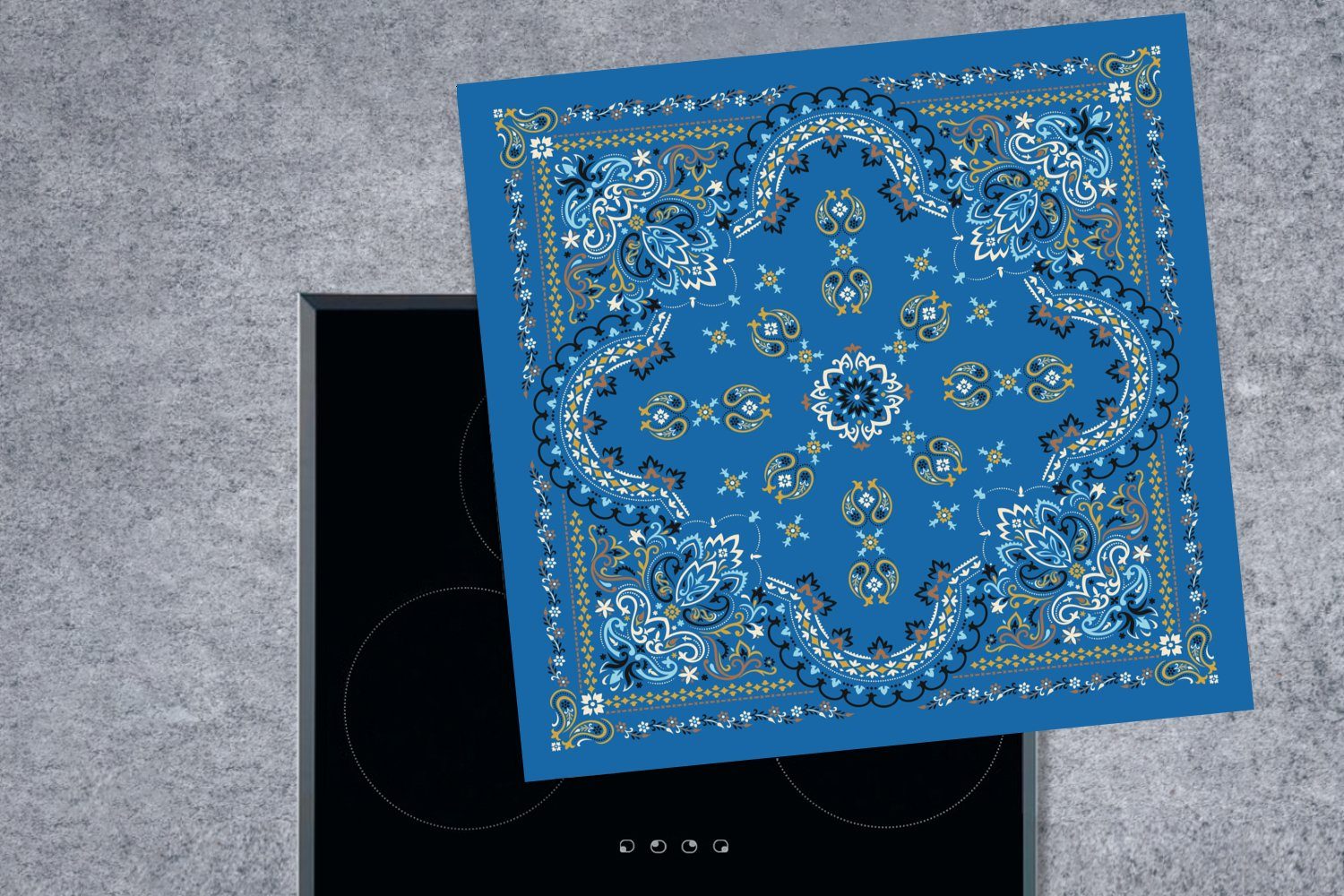 MuchoWow Herdblende-/Abdeckplatte Mandala Muster (1 küche 78x78 - cm, für Vinyl, tlg), - Ceranfeldabdeckung, Arbeitsplatte Blau