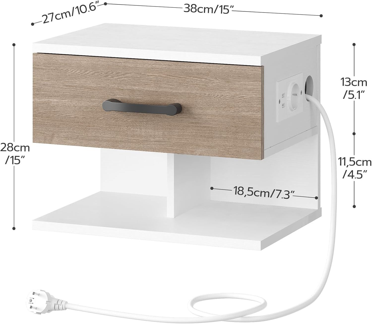 Hoobro Nachttisch hängend mit Steckdose Wand Nachtkonsole Weiß Greige (1 Stück), hängend integrierte Ladestation Klappschublade platzsparend