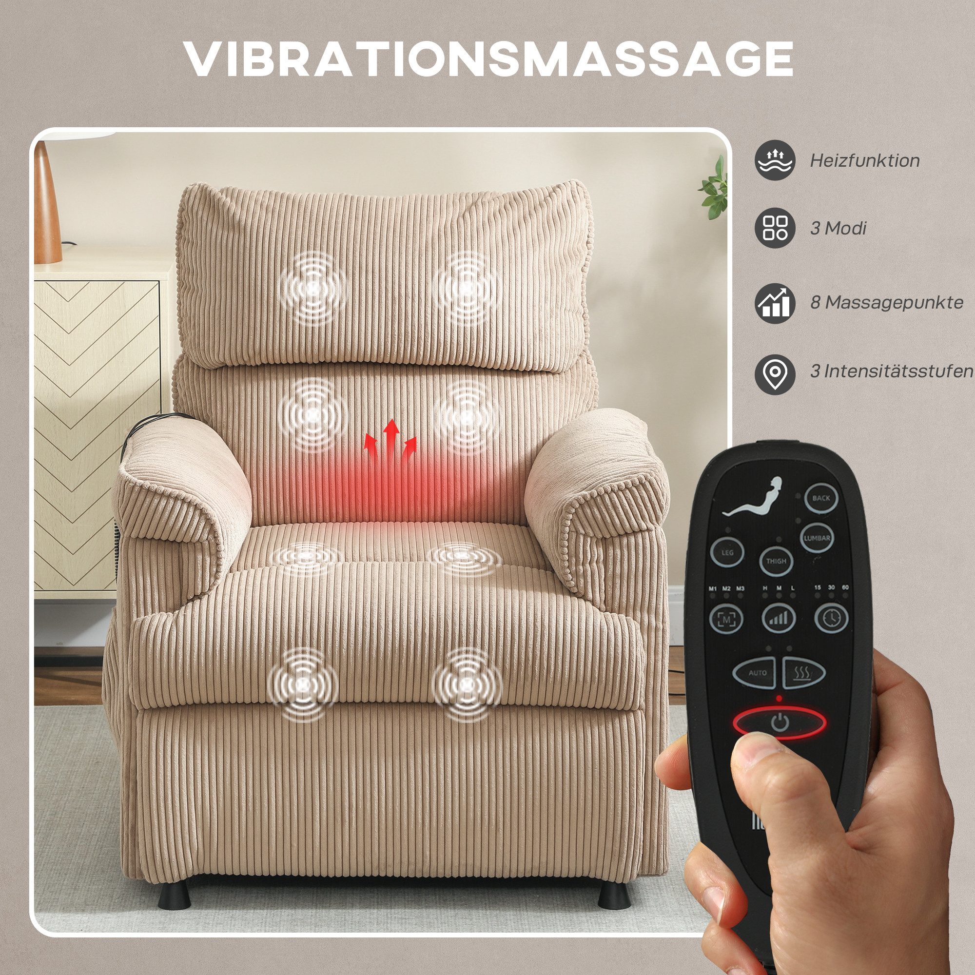 HOMCOM Massagesessel mit Fußstütze, Seitentaschen (Elektrisch Relaxsessel, 1-St., Fernsehsessel), Mit 8-Punkt-Massage und Heizfunktion, Braun – Bild 4 von 5