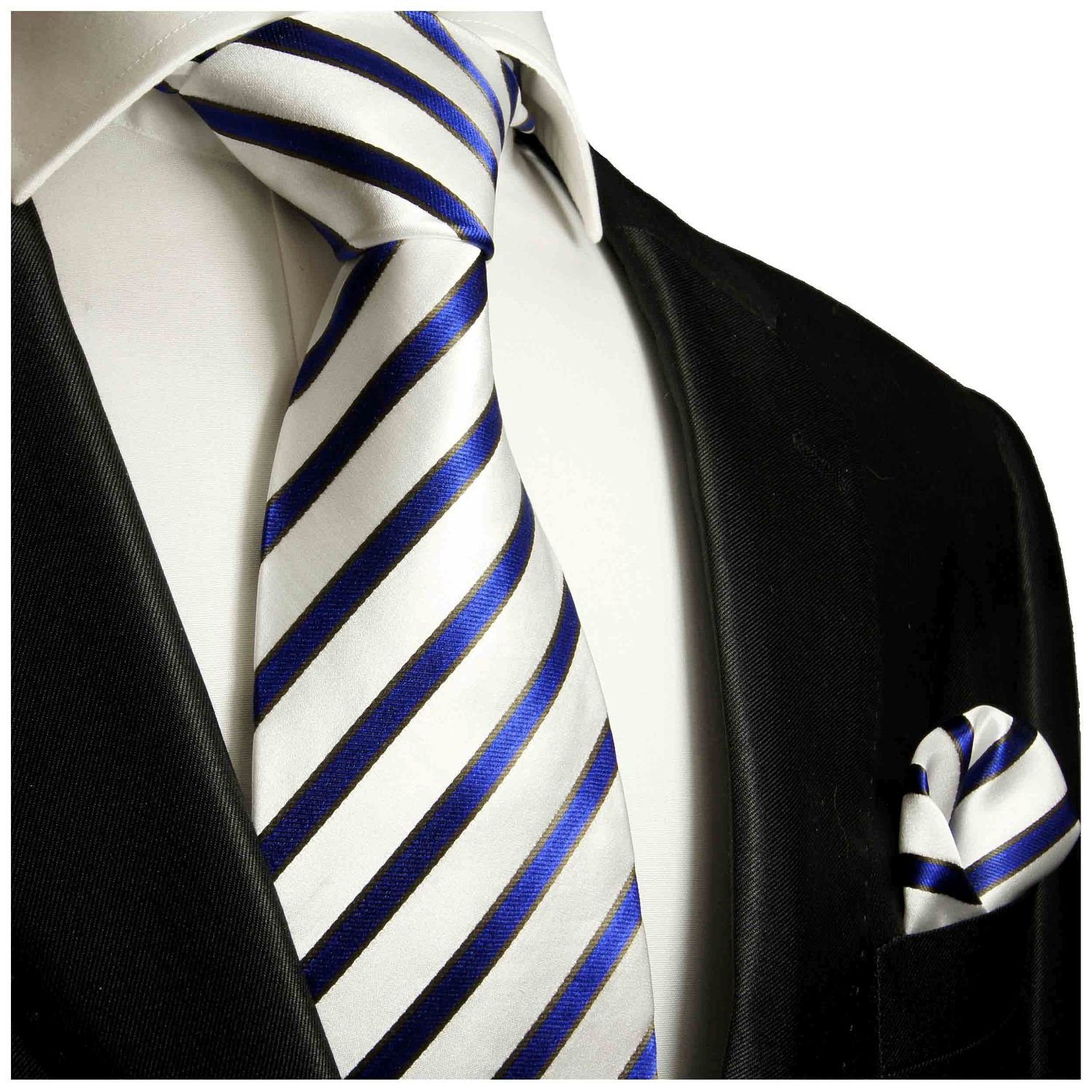 Paul Malone Seide mit (8cm), Seidenkrawatte weiß 100% Krawatte Breit Herren und Einstecktuch) 985 (Set, Tuch gestreift blau 2-St., Krawatte