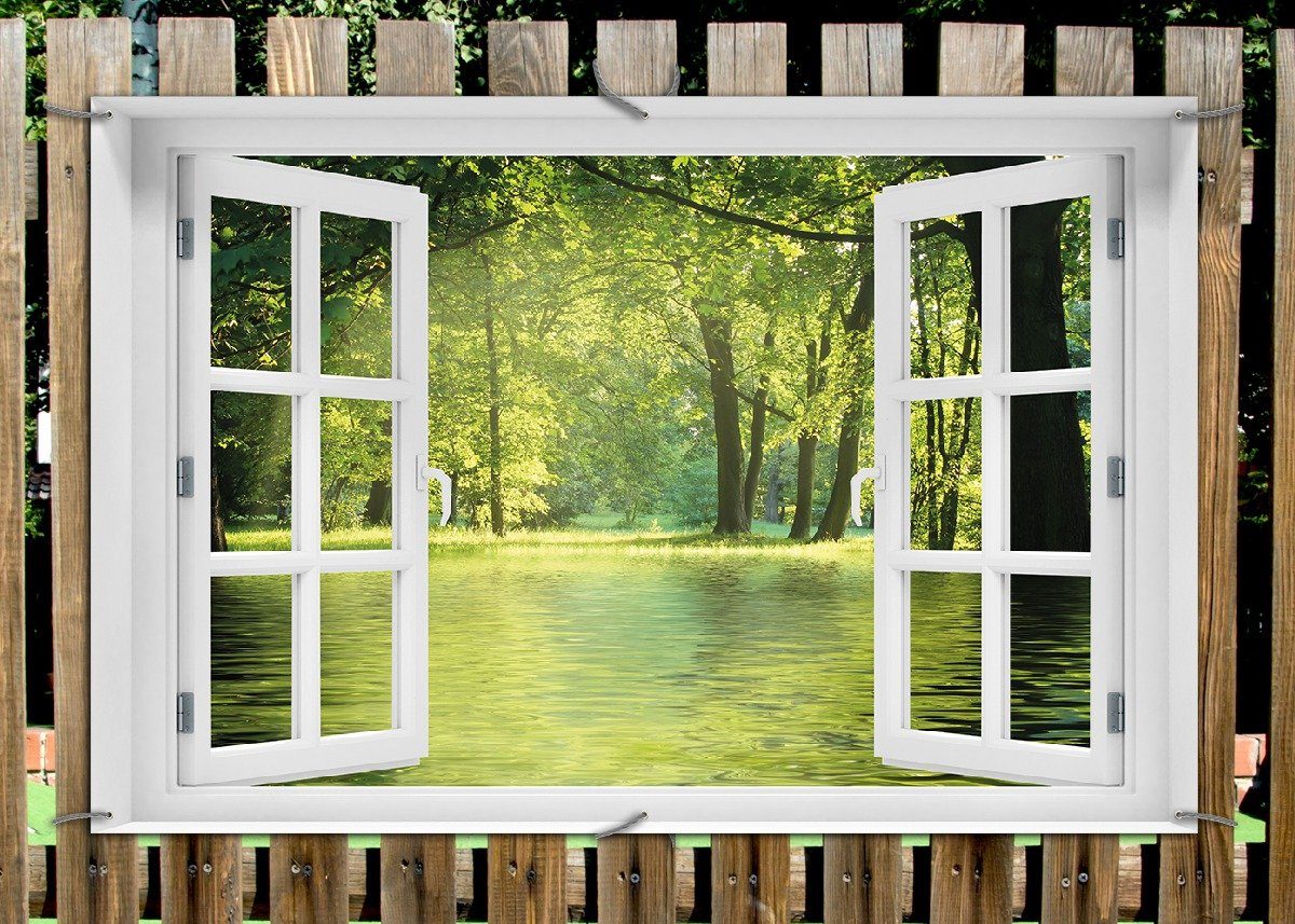 Thumbnail - Wallario Sichtschutzzaunmatten Idyllischer See im Wald bei Sonnenschein, mit Fenster-Illusion