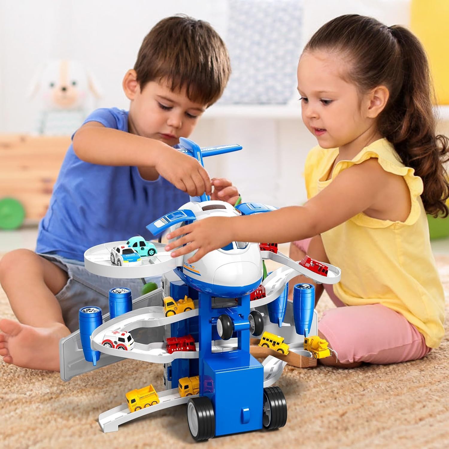 Vivitar Spielzeug-Flugzeug mit 12 Stadtautos & Rennstrecke Rennbahn Auto Sp günstig online kaufen