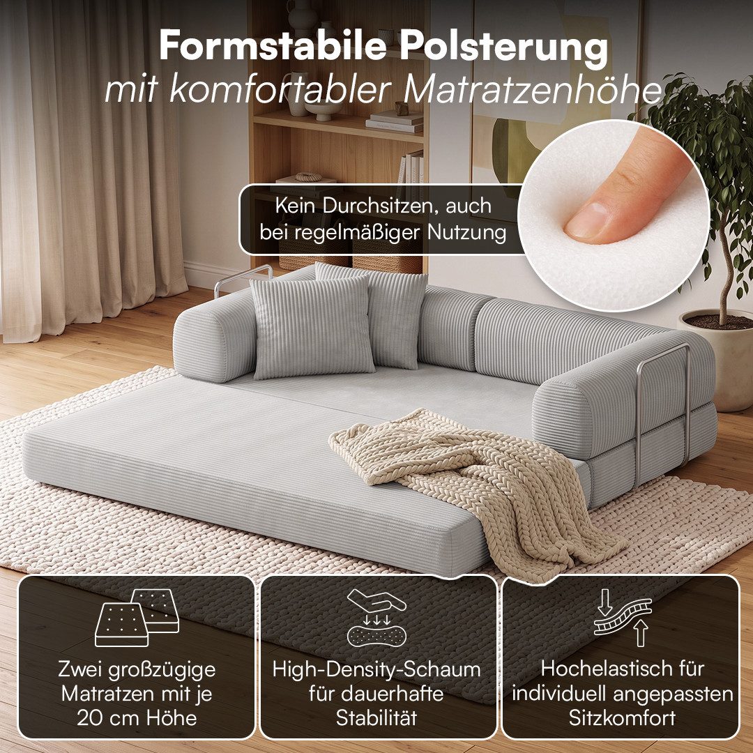 skølm Sofa & Sessel Lofn aus Vollschaum Cord, umwandelbar zum Schlafsofa/-Sessel, Hellgrau, Cordsofa 200 cm breit, 2 Sitzer, kein Aufbau erforderlich, vakuumier – Bild 2 von 5