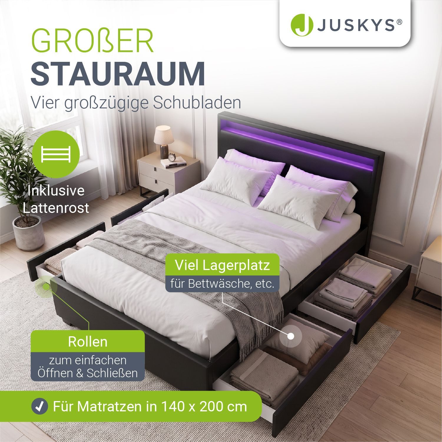 Juskys Polsterbett Lyon, 140x200 cm, ausziehbare Bettkästen, LED-Licht, gepolstertes Kopfteil