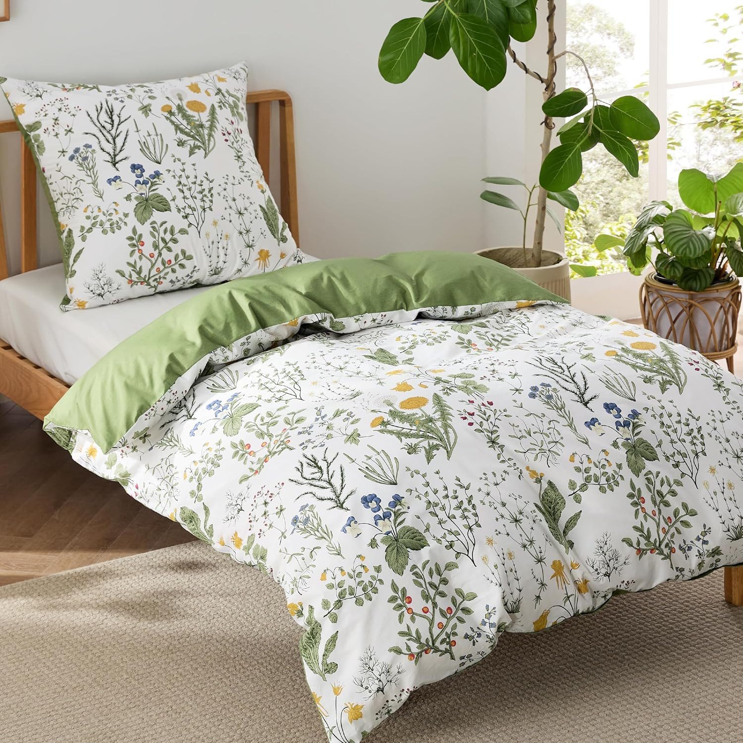 wohnTRAUM24 Bettwäsche Bettwäsche Pflanzenmuster Wende Bettwäsche Set für Allergiker Geeignet, Wendbar Bettbezug mit Reißverschluss und Kissenbezug 80x80cm