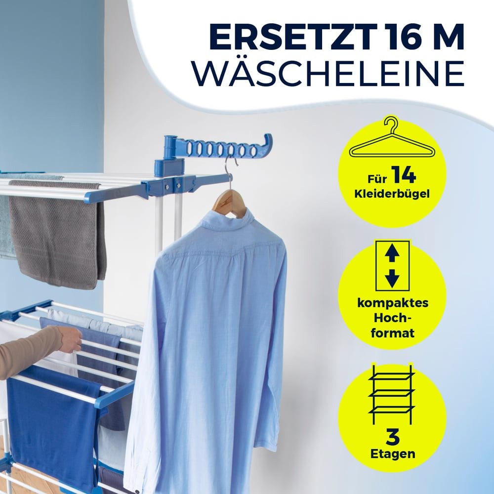 EASYmaxx Wäscheständer Effizientes Trocknen mit 3 Ebenen, 2 Seitenflügeln & leichtem Aufbau, Klappbar Platzsparend, vielseitig und mobil für drinnen und draußen