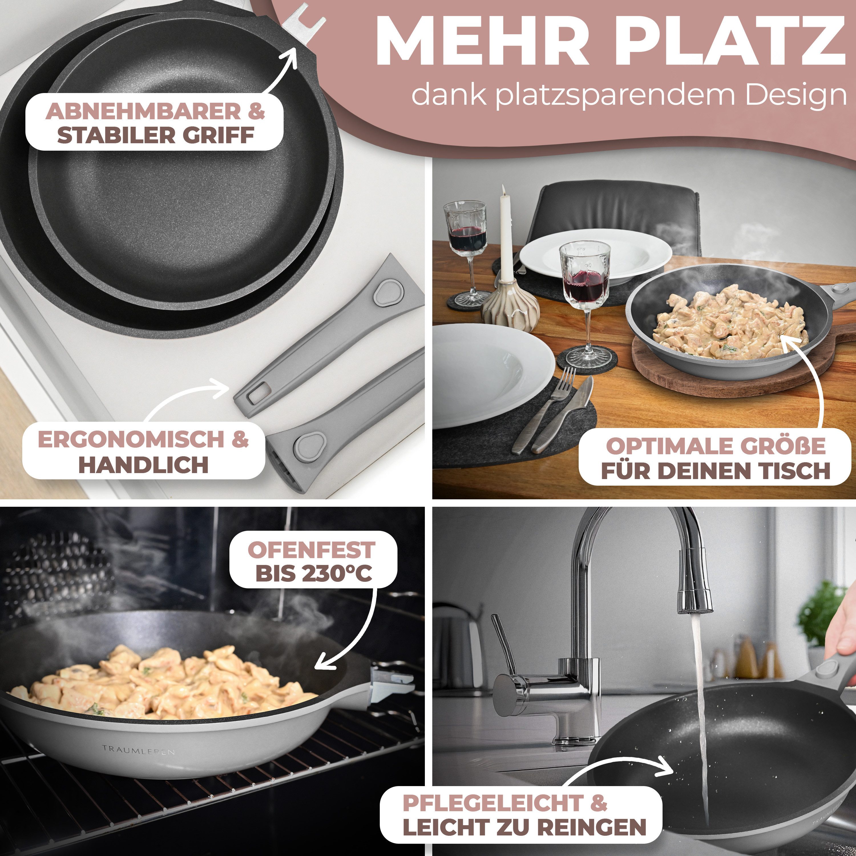 TRAUMLEBEN Wok 28 cm Wokpfanne mit Deckel, abnehmbarer Griff, Antihaftbeschichtung, aus Aluminium, für Induktion geeignet, backofenfest, hoher Rand – Bild 4 von 5