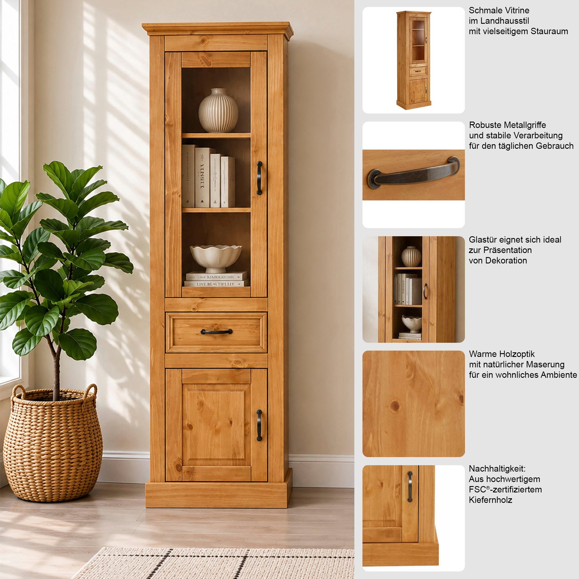 OTTO home Vitrine Selma Hochschrank, 2 Türen, eine davon mit Glaseinsatz und 1 Schublade massives Kiefernholz mit natürlicher Maserung, Metallgriffe 180cm hoch – Bild 3 von 5