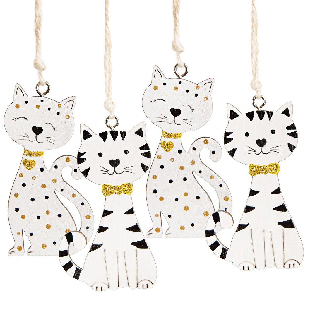 Dekofigur 4 Katzen Deko Holzanhänger Gold weiß 7,5 cm Holz Hängedekoration
