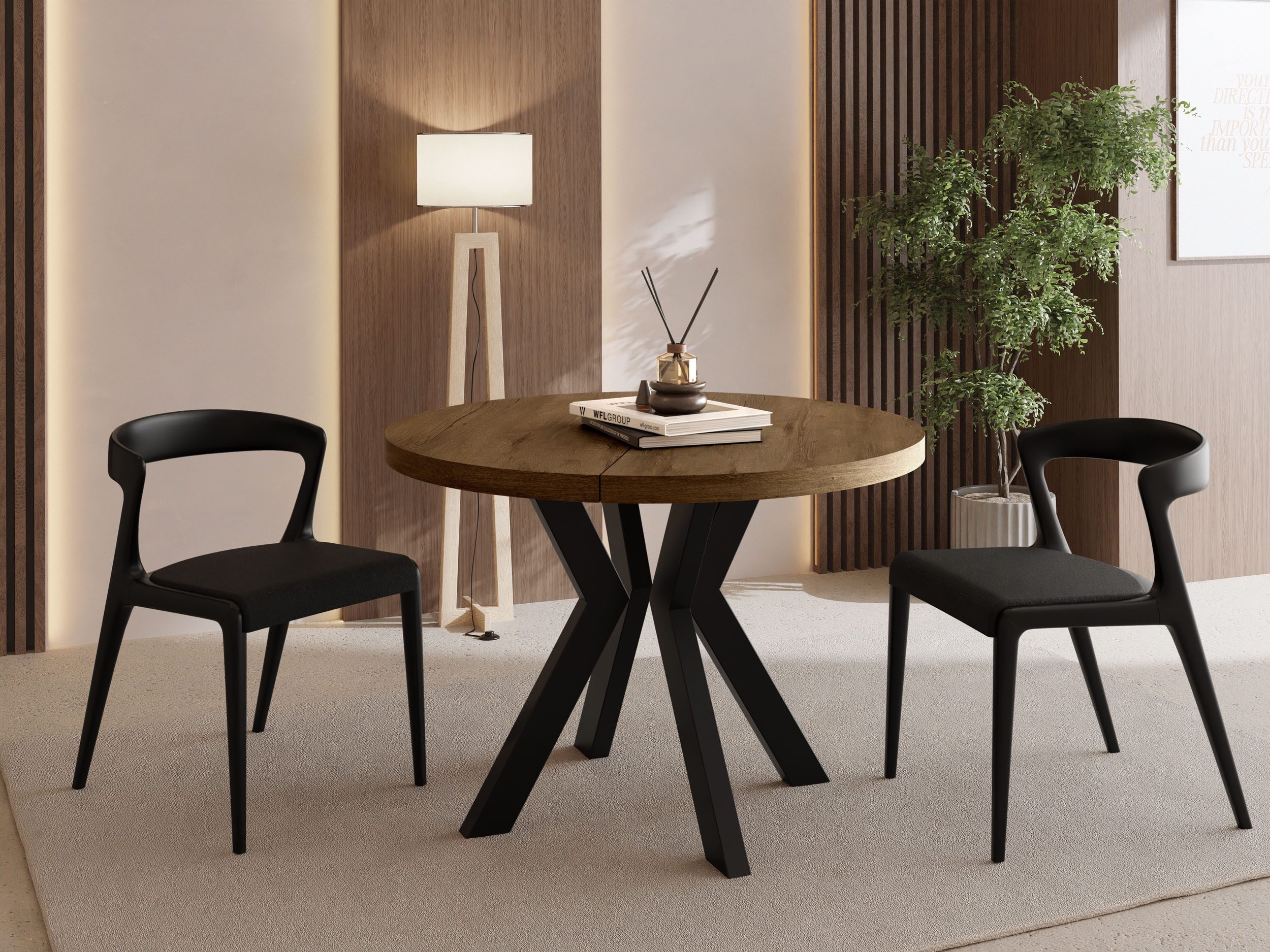 WFL GROUP Esstisch Savio Ausziehbar, Verlängerbar, Rund mit Schwarzen Holzbeinen (MADE IN EU, XXL Groß – 80/90/100 cm ausziehbar auf 130/190/200/300 cm), Platzsparender Tisch für kleine Küche, Esszimmer oder Wohnzimmer