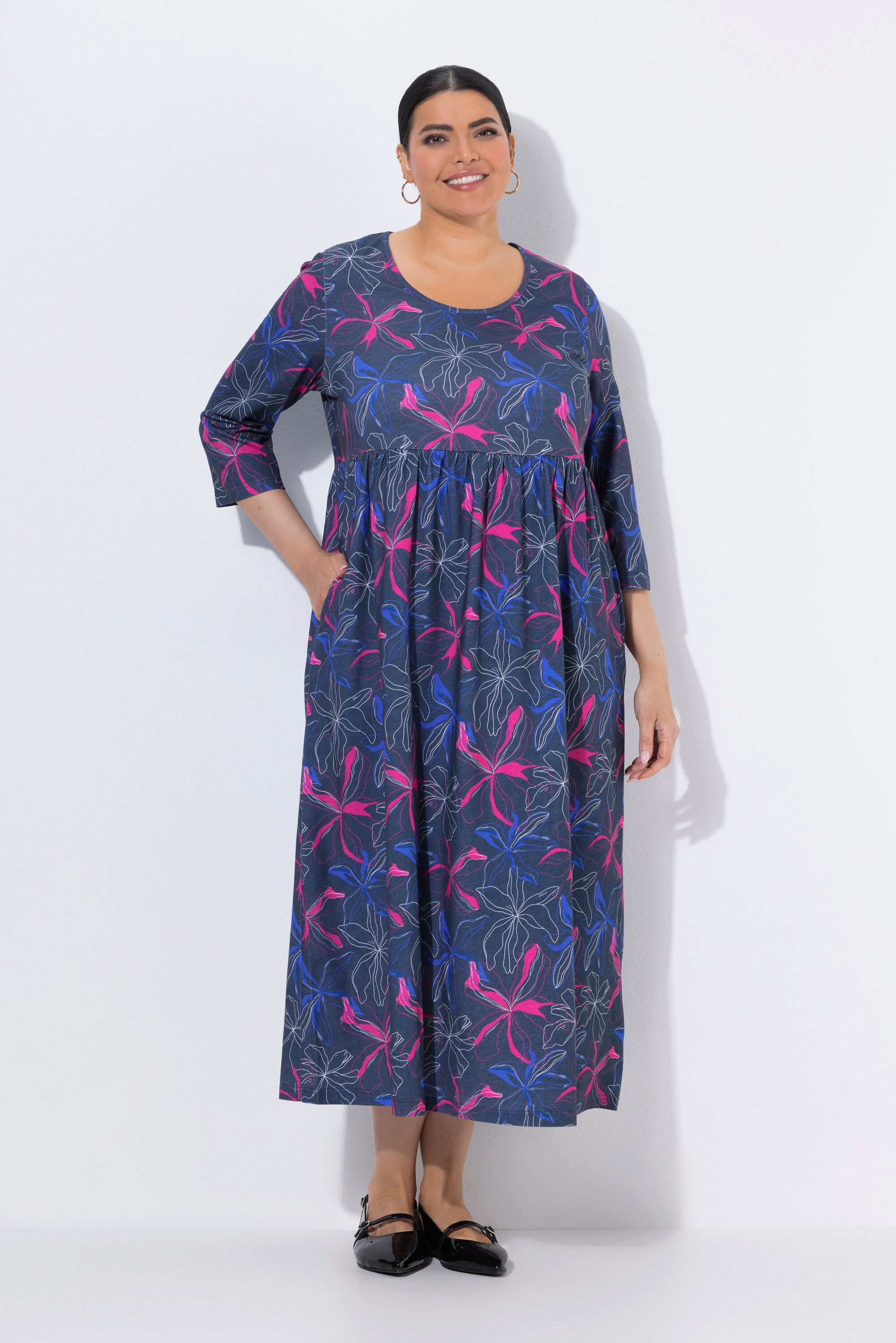 Maxikleid Jerseykleid A-Linie Rundhals 3/4-Arm Taschen