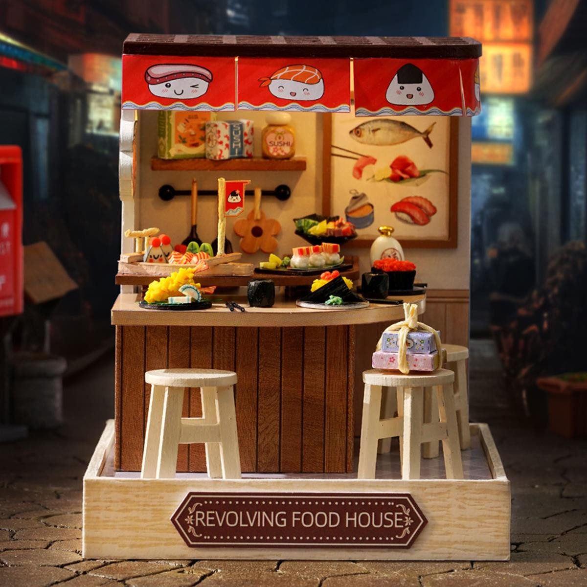 Cute Room 3D-Puzzle DIY Miniaturhaus Modellbausatz Revolving Sushi, Puzzleteile, 3D-Puzzle, Miniaturhaus, Maßstab 1:24, Modellbausatz zum basteln