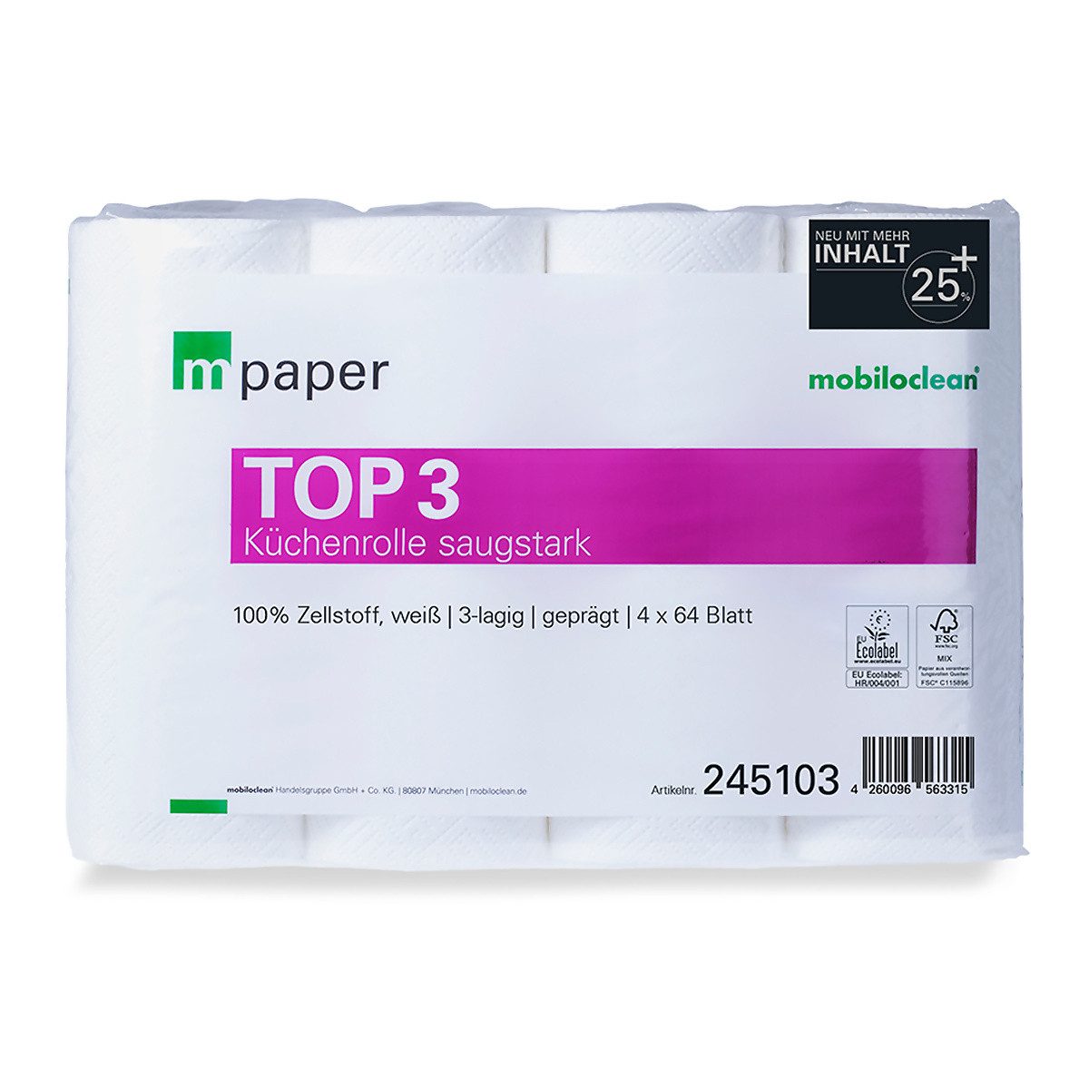 Mobiloclean Toilettenpapier mpaper Küchenrolle Top3, Großpackung 32 Rollen