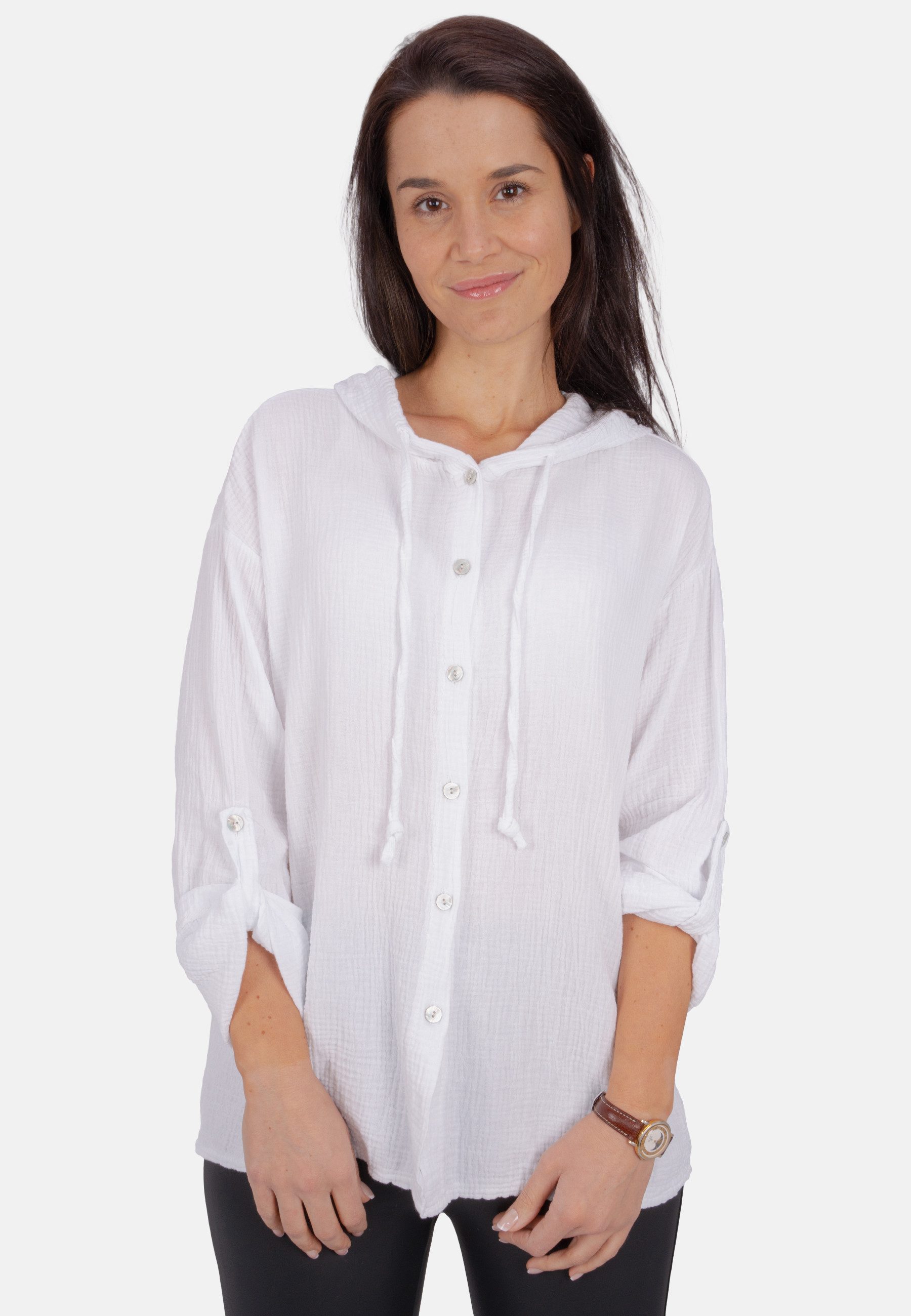 Seasons of April Hemdbluse Musselin Camila Oversized 100% Baumwolle Musselinbluse: Oversized, Halbarm & Kapuze