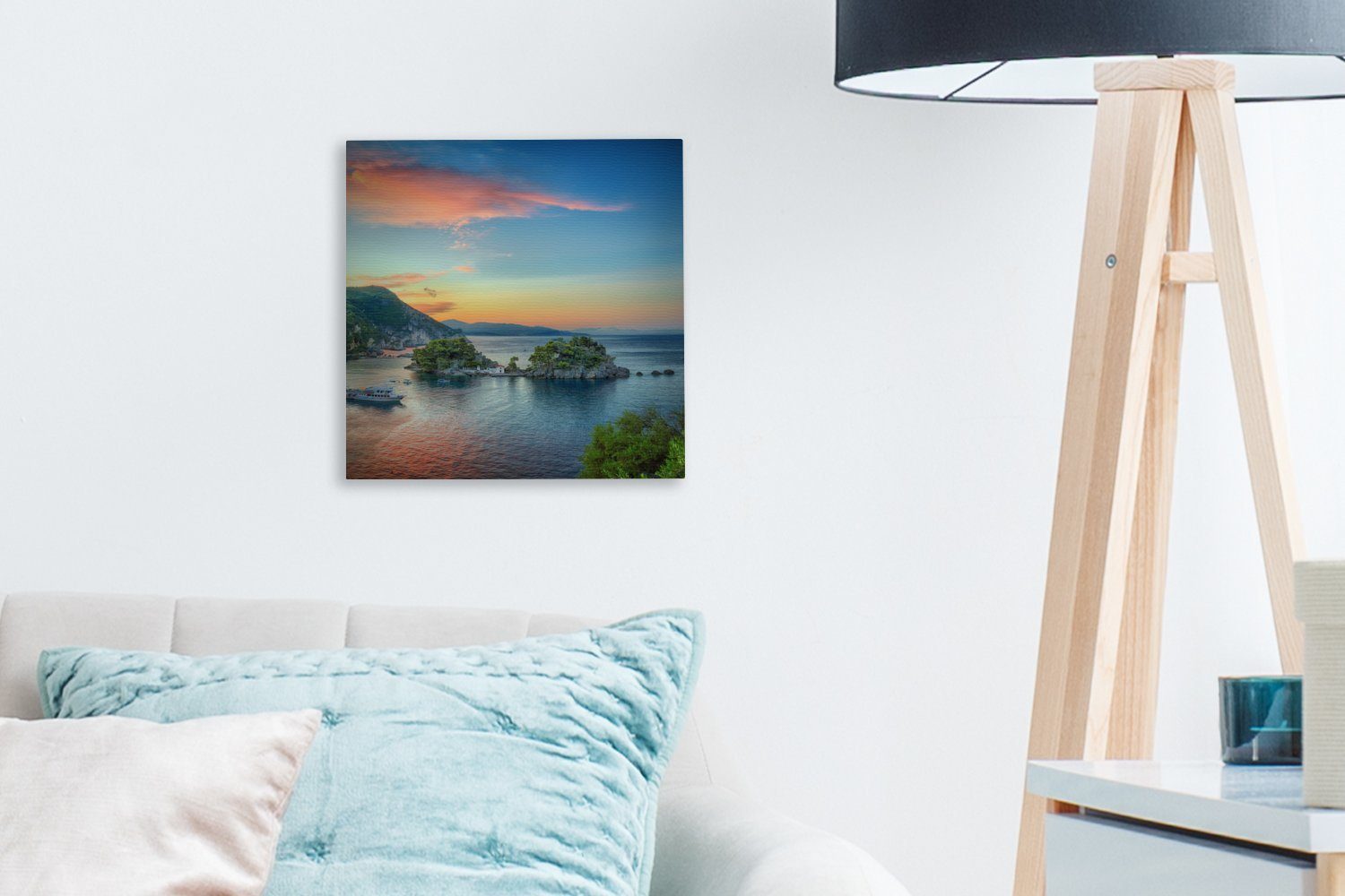 OneMillionCanvasses® Leinwandbild Sonnenuntergang Wohnzimmer Parga für St), Leinwand in (1 Bilder Wasser, Schlafzimmer am