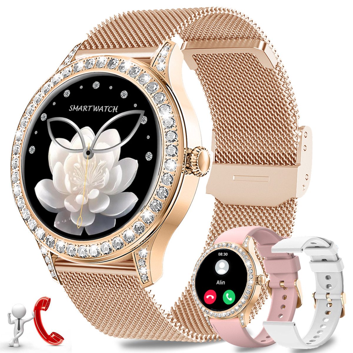 Fanttik Smartwatch Damen mit Bluetooth-Anru/ mit 58 Diamanten Smartwatch (1,27 Zoll, TF THD Touchscreen) Schlafmonitor/UV Index, Herzfrequenzmonitor / SpO2, IP68 Wasserdicht/120+ Sportmodi/Damen-Sportuhr für Android iOS