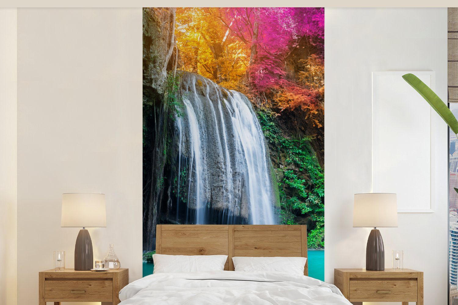 (2 Fototapete Natur, - - St), Wasserfall Vliestapete - bedruckt, Rosa Schlafzimmer Küche, MuchoWow - Wohnzimmer Braun Matt, für Fototapete Bäume