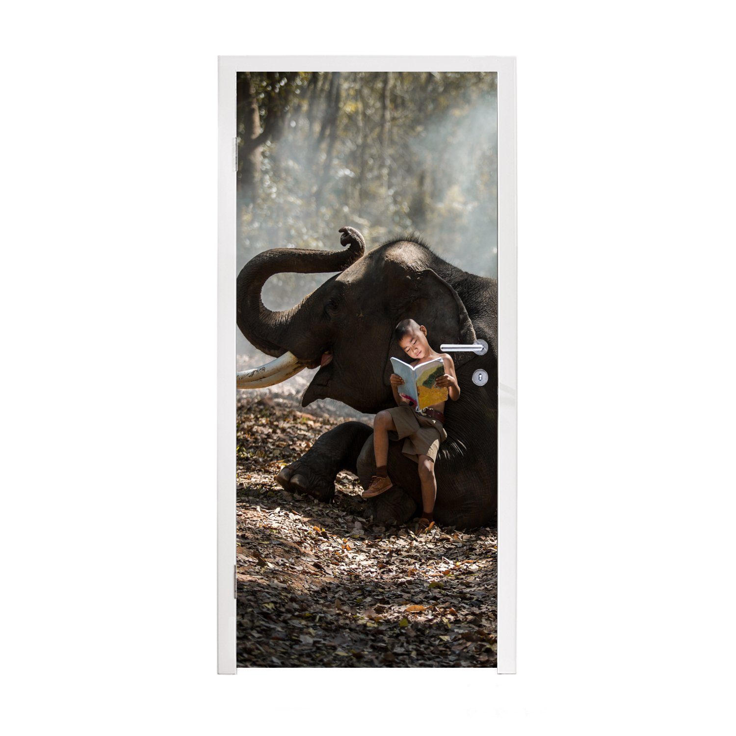 75x205 - Buch Elefant bedruckt, (1 Türtapete Tür, Matt, - Fototapete Wald Junge - - Türaufkleber, Natur, Tiere MuchoWow - St), cm für