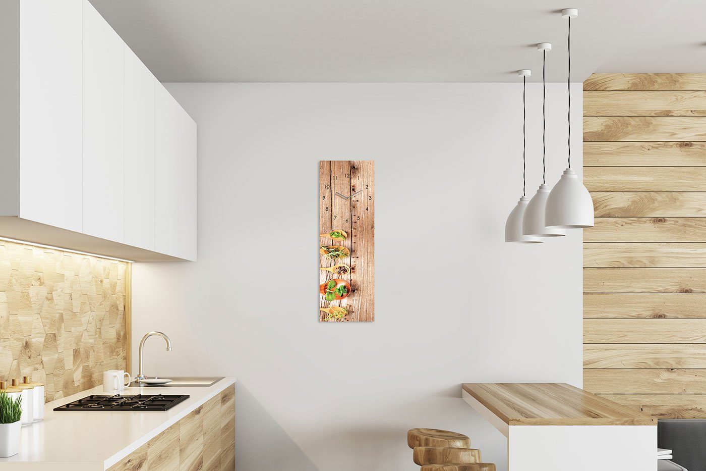 Levandeo® Wanduhr (Wanduhr Glas 20x60cm Kräuter Gewürze Löffel Uhr Glasbild Küche)