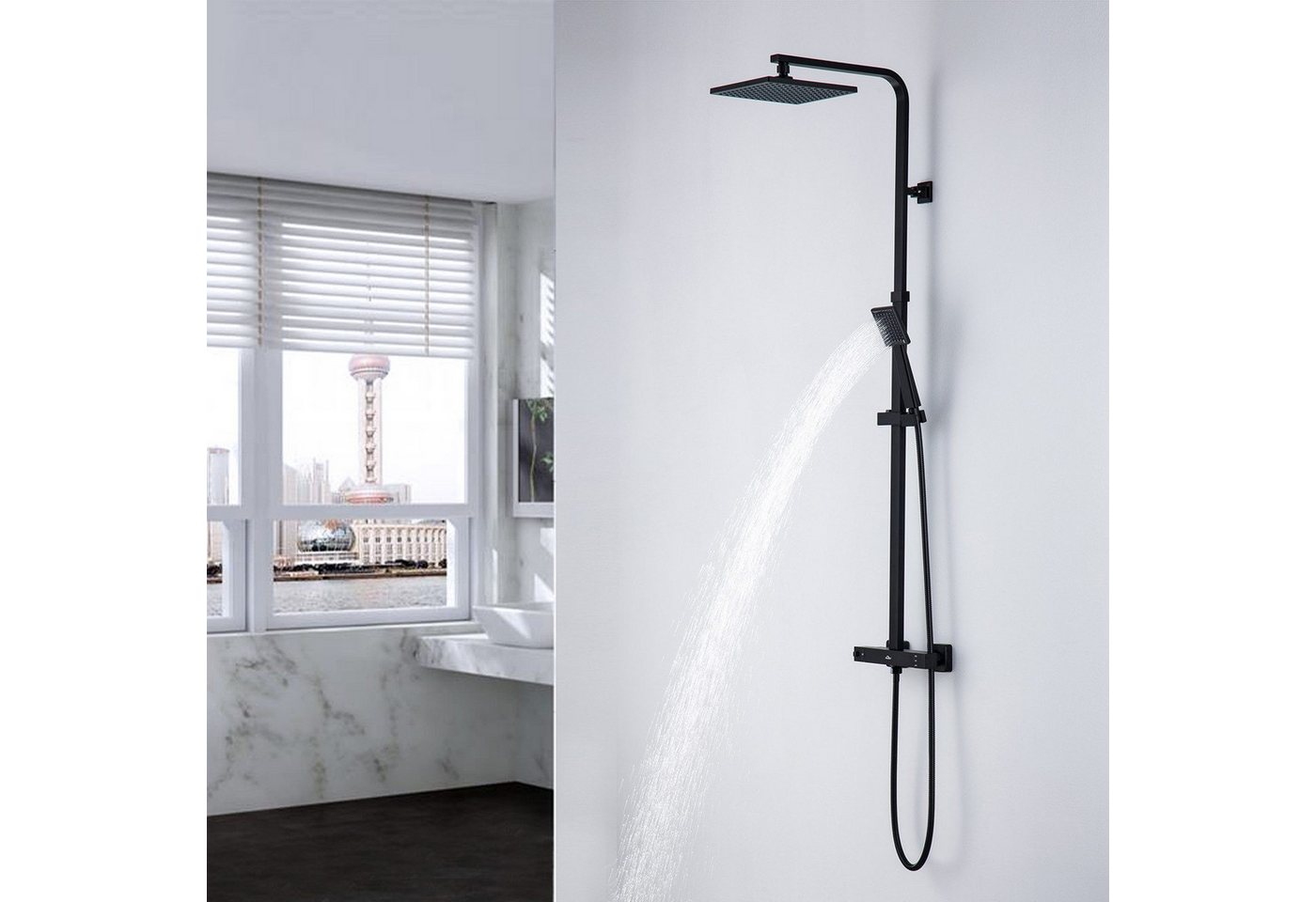 Thumbnail - Auralum Max Duschsystem Regendusche Duschset Duschsäule mit Thermostat und Handbrause, Höhe 85-112 cm Verstellbare