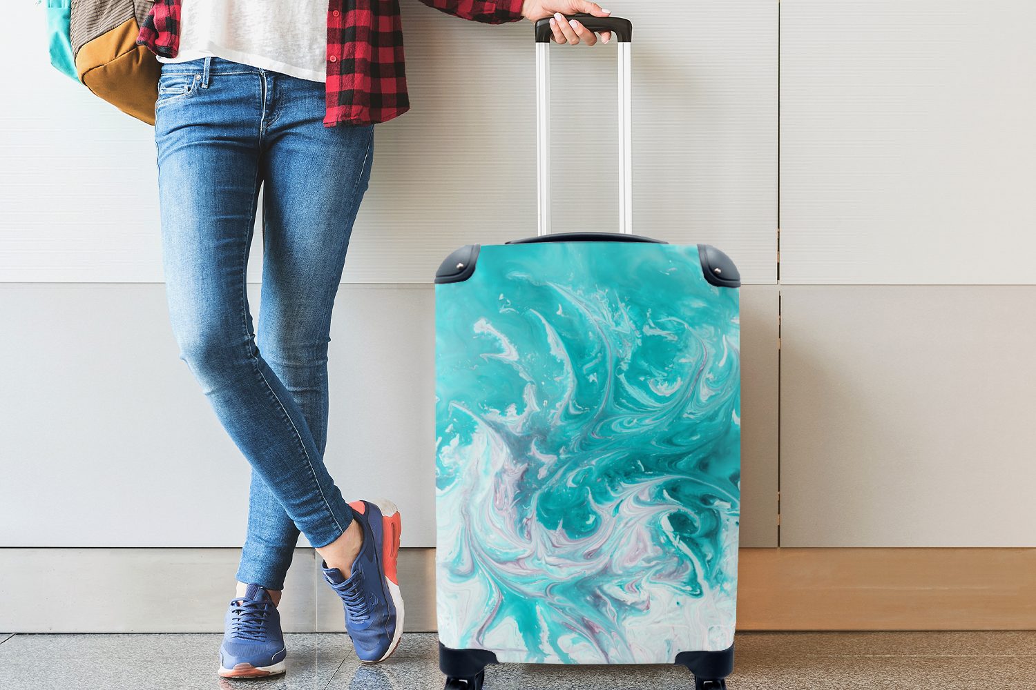 MuchoWow Handgepäckkoffer - - Trolley, Ferien, Weiß, für Reisekoffer 4 - Ölfarbe Aquarell Handgepäck Rollen, rollen, Türkis Reisetasche mit