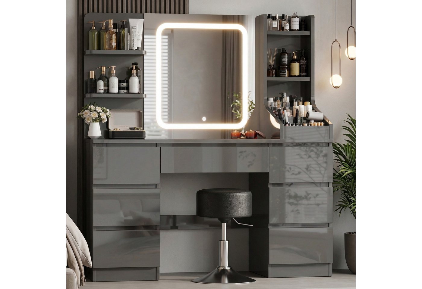 HOMALL Schminktisch Eingebaute LED-Beleuchtung, einstellbare Helligkeit, mit 7 Schubladen (Maße: 110 × 40 × 139 cm, mit verstellbarer LED-Spiegelbeleuchtung, drei wählbare Farbtöne + stufenlose Dimmung, 8 offene Ablagefächer + 7 Schubladen (Schubladenhöhe