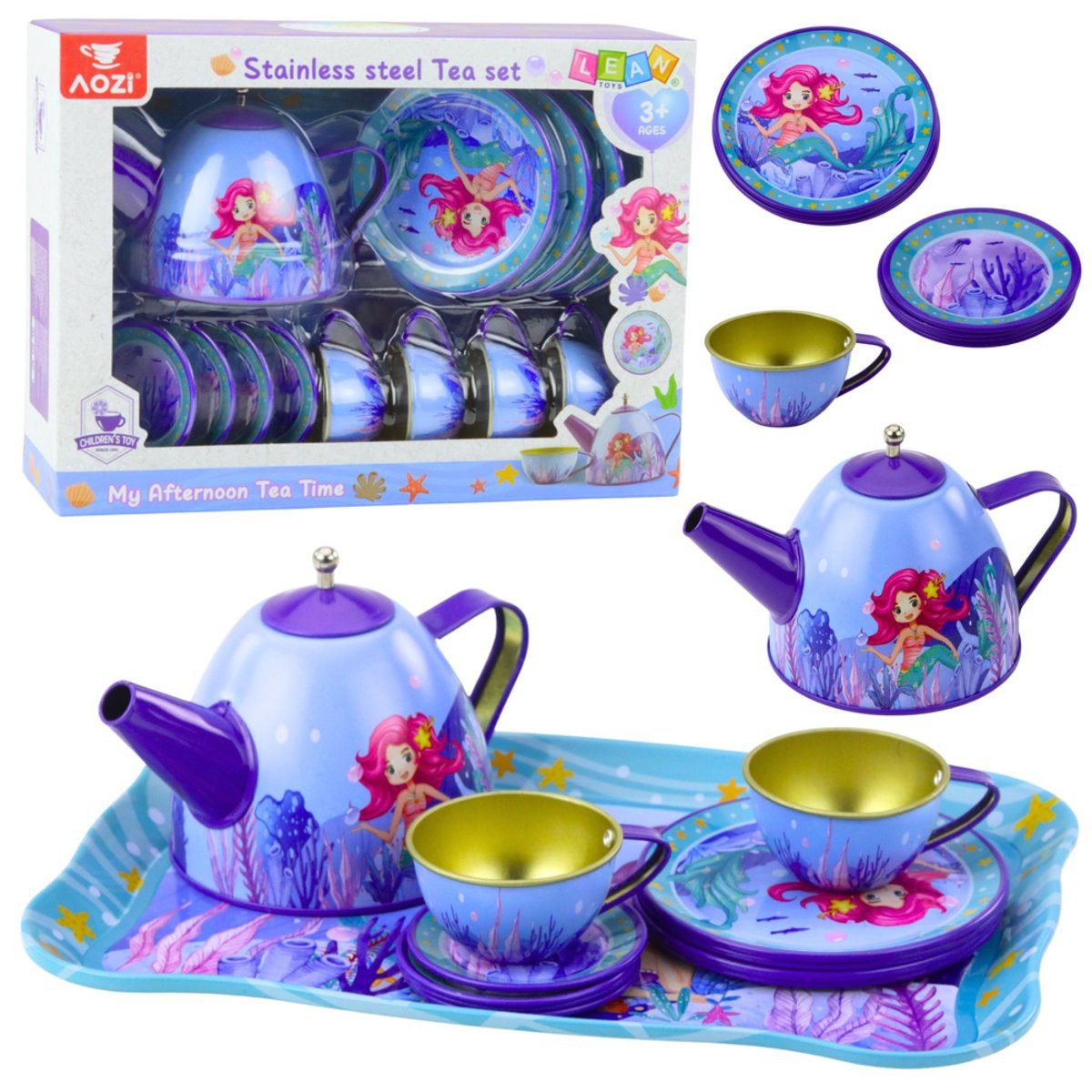 Wisam Kinder-Küchenset Kinder-Teeservice aus Metall mit Tassen, Wasserkocher und Tablett