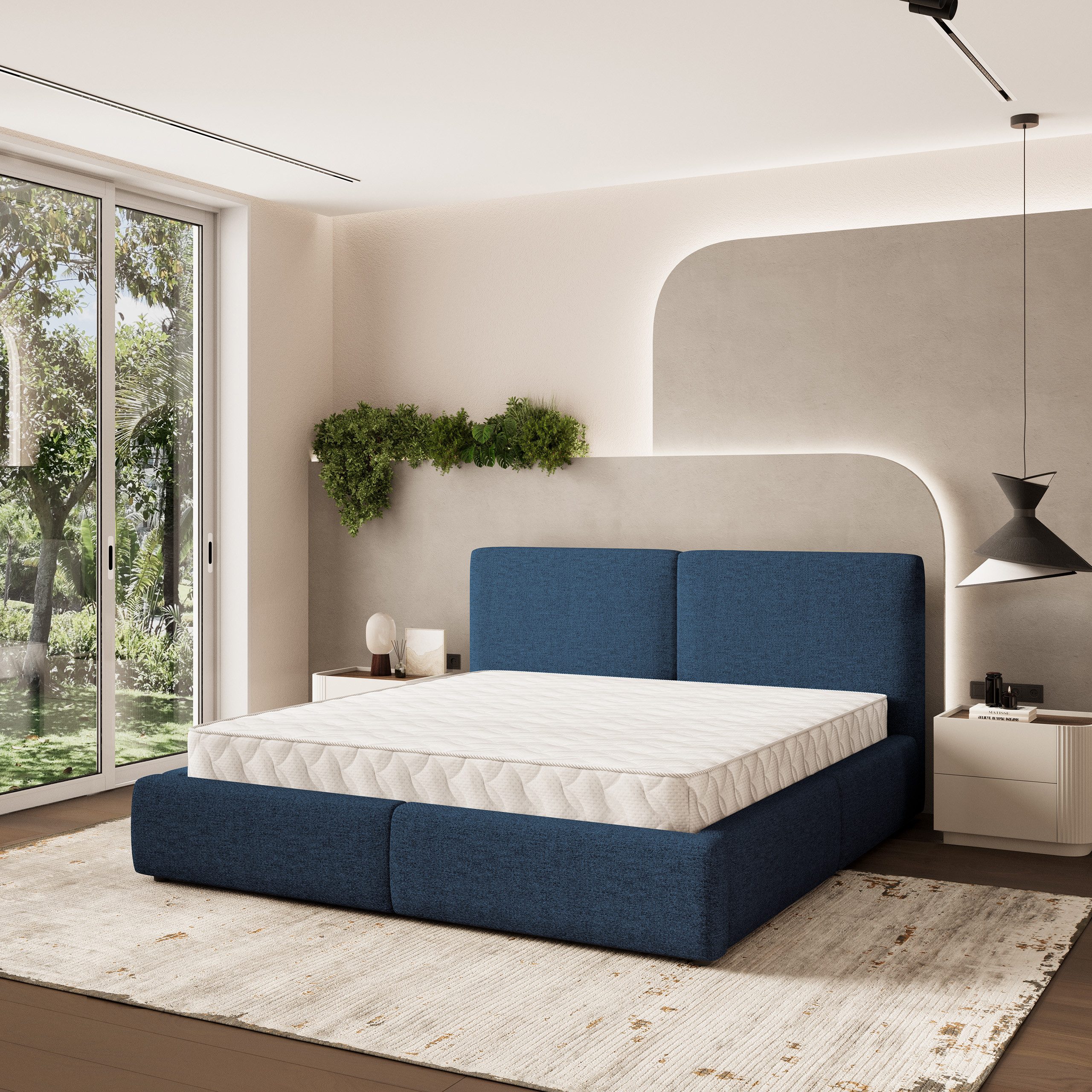 Masseno Polsterbett FELURO 120x200 cm blau (mit Bettkasten und Lattenrost)