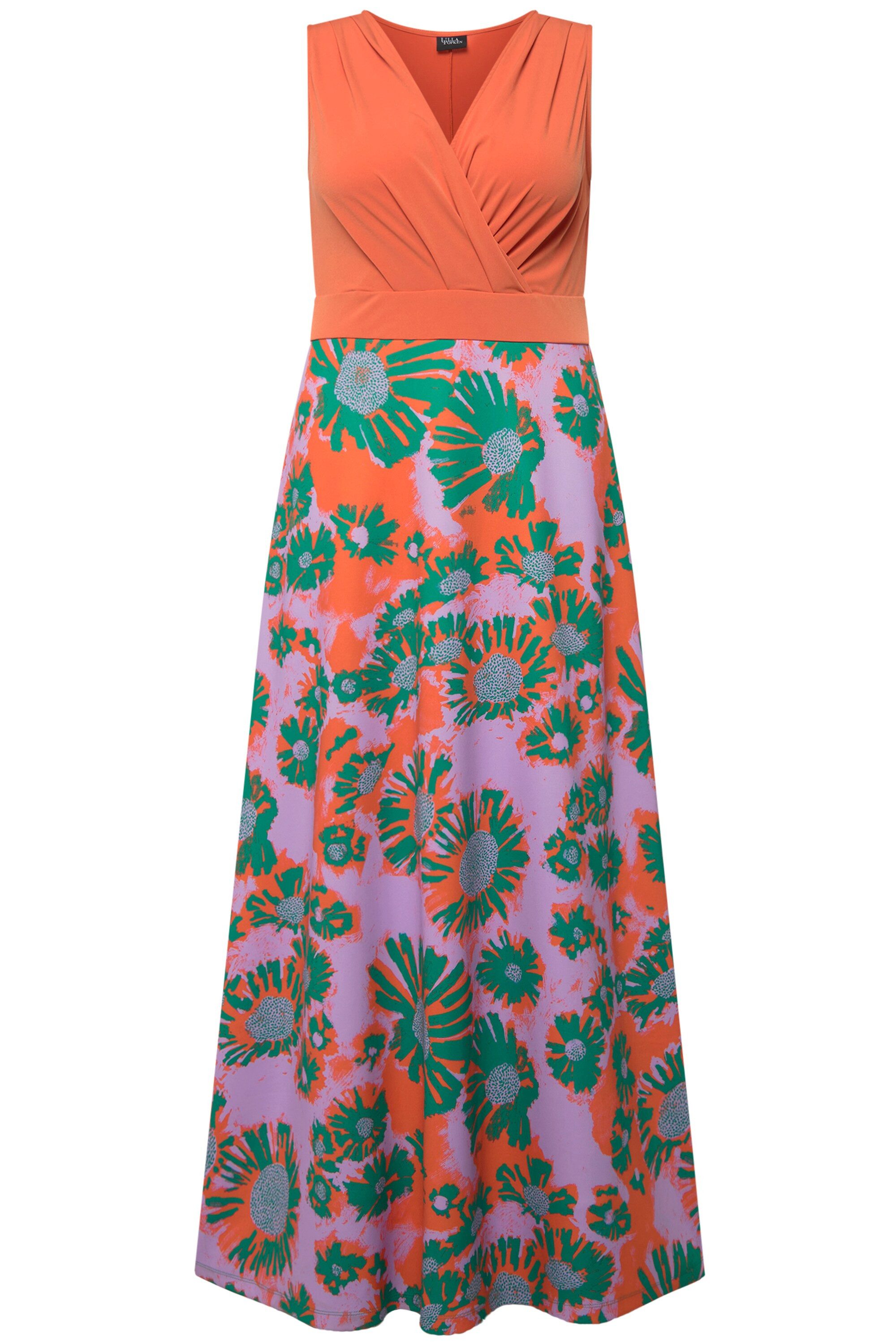 Ulla Popken Cocktailkleid Jersey-Maxikleid Blüten V-Ausschnitt ärmellos