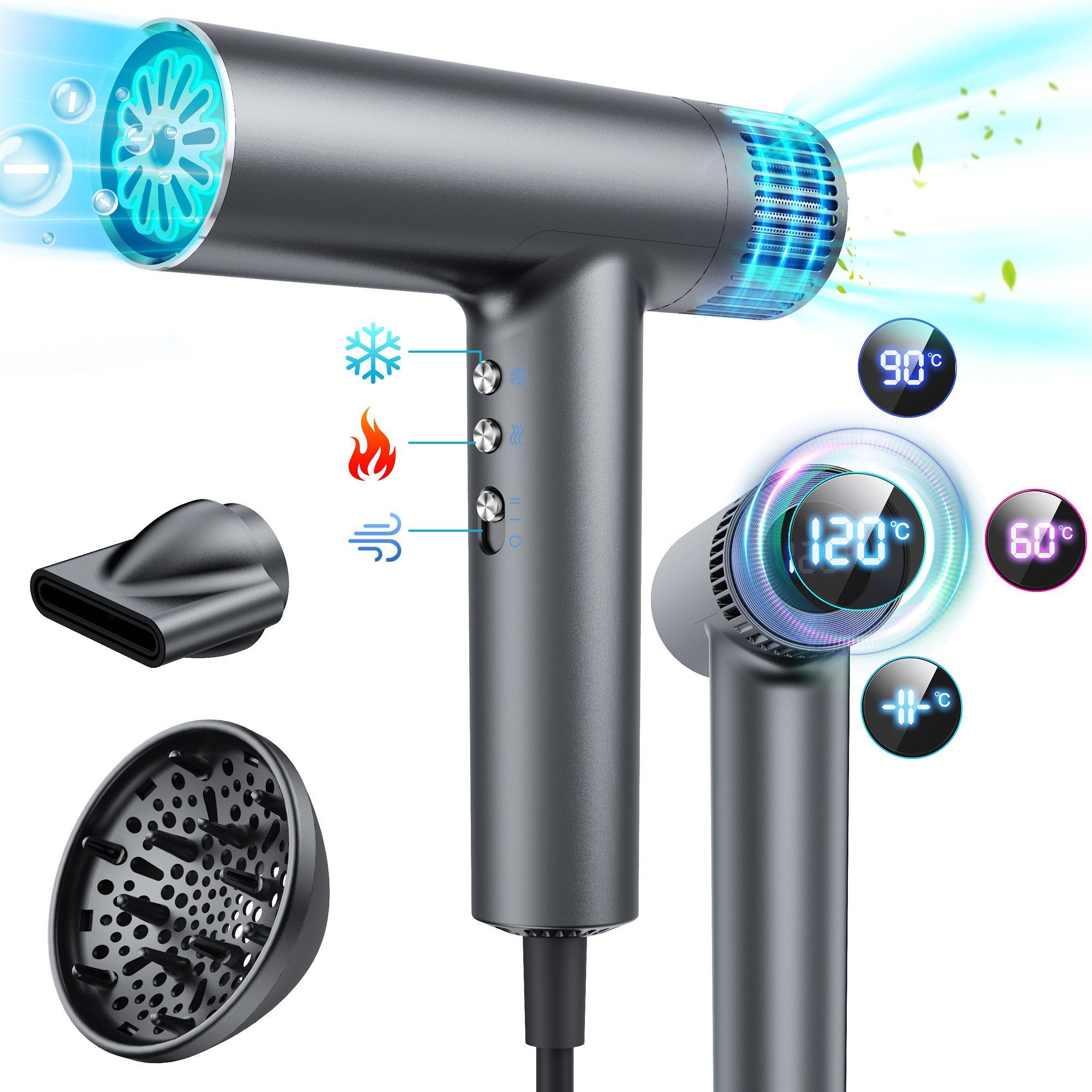 ibettertec Haartrockner Haartrockner Föhn Ionen 2400W,Anti-Spliss mit Kaltluft Modus, 2400,00 W, (25m/S, 3 Stylingaufsätze, angereichert mit Keratin und, Mandelöl, Ionenpflege - Anti Frizz, langlebiger AC-Motor)