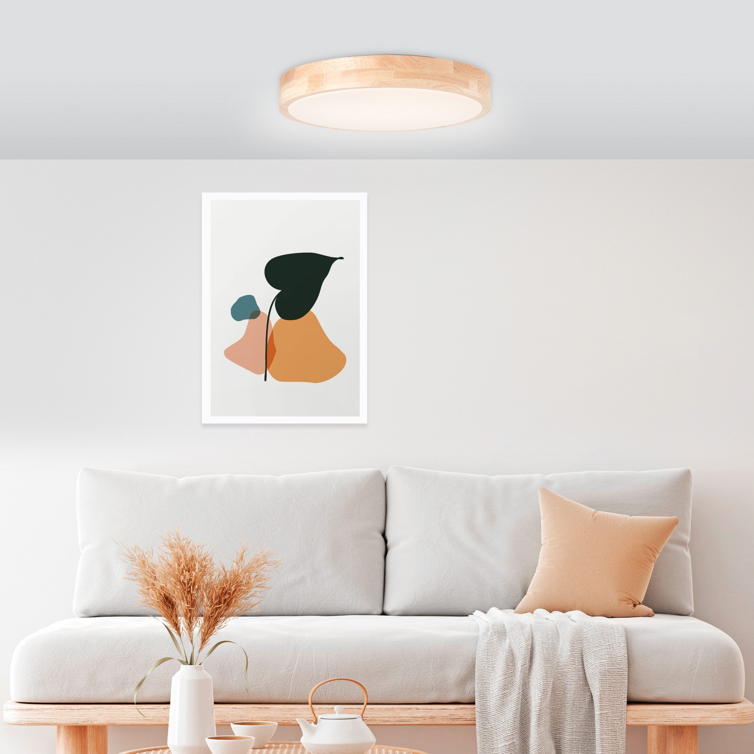 Lightbox Deckenleuchte, LED fest integriert, warmweiß - kaltweiß, spritzwassergeschützte Holz LED Deckenlampe, Ø 34 cm, 3000K - 4500K