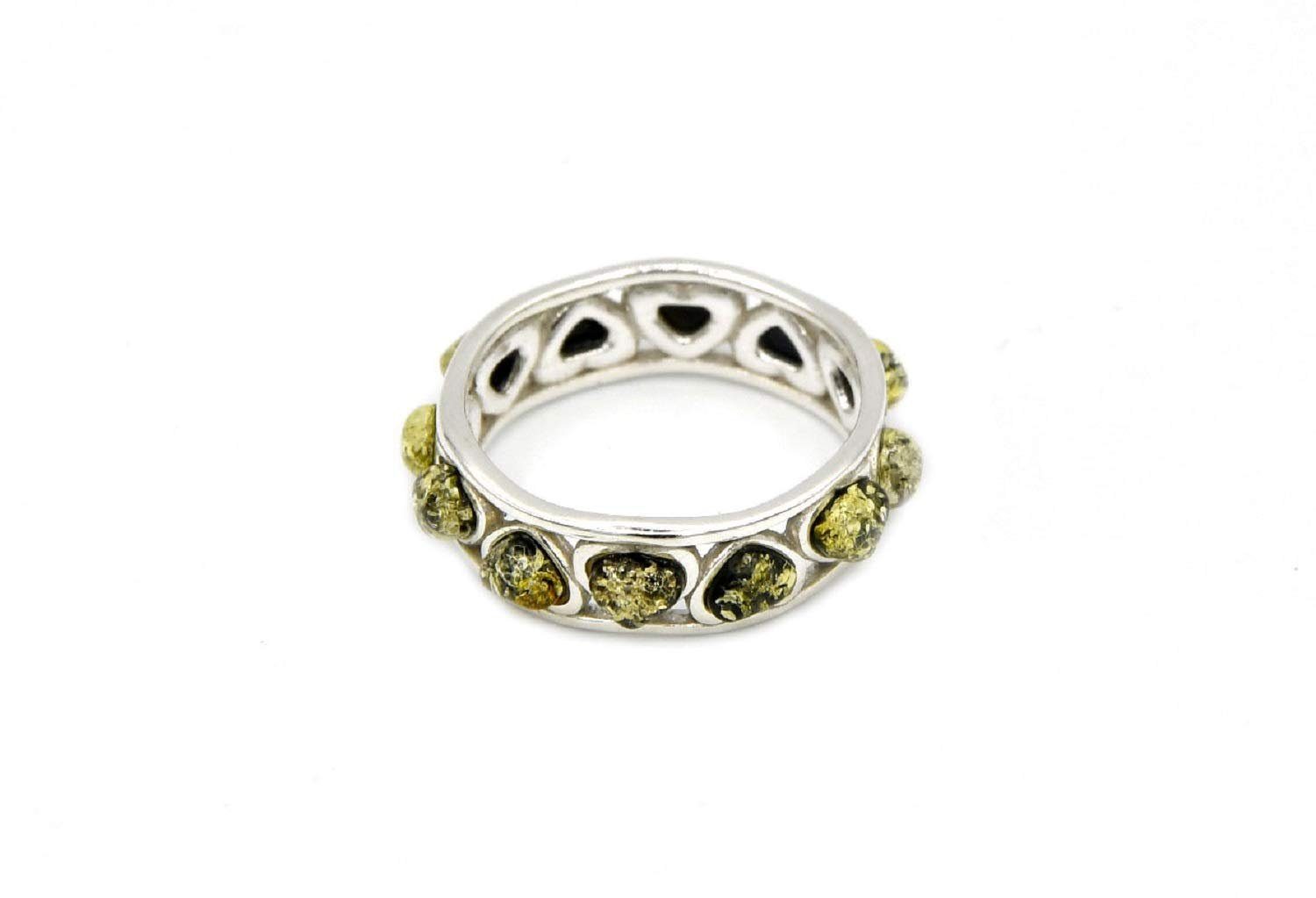 MyBer® Fingerring Ring aus Bernstein "Herz" Bernsteinring mit kleinen Herzchen grün Schmuck Damen Silber 925