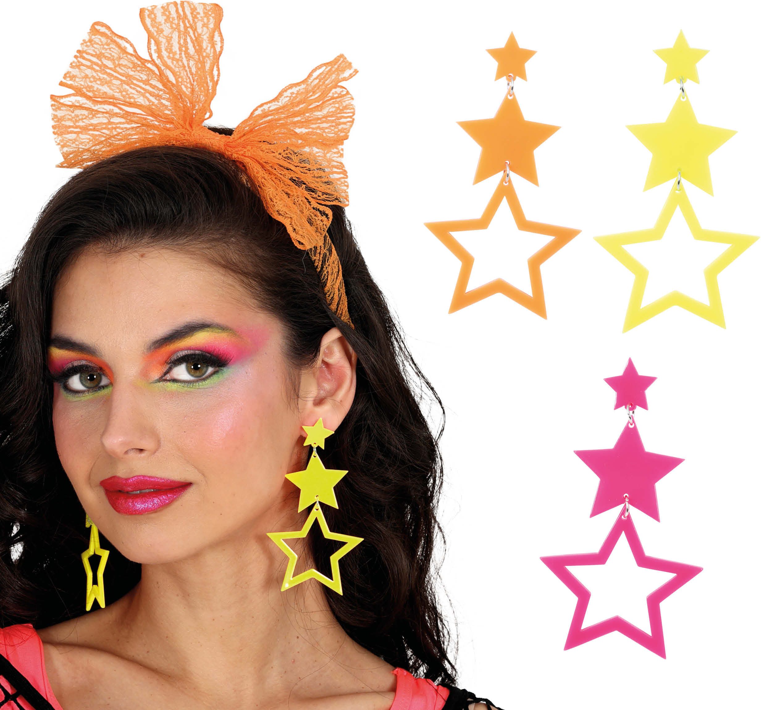 Fiestas Guirca Kostüm, Disco Stern Ohrringe 90er Neon Partyglanz Kostümaccessoire Karneval H