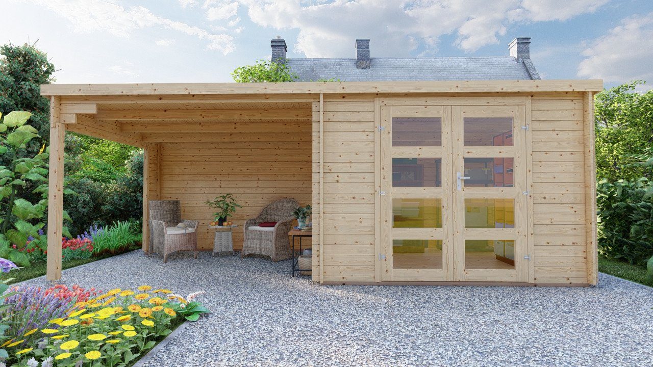 Finn Art Blockhaus Gartenhaus Flachdach 6x3m Holz Funny 4 in 28mm Wandstärke, BxT: 298x240 cm, mit 18 mm Fußboden mit Anbau, mit Premium Dachbahn selbstklebend