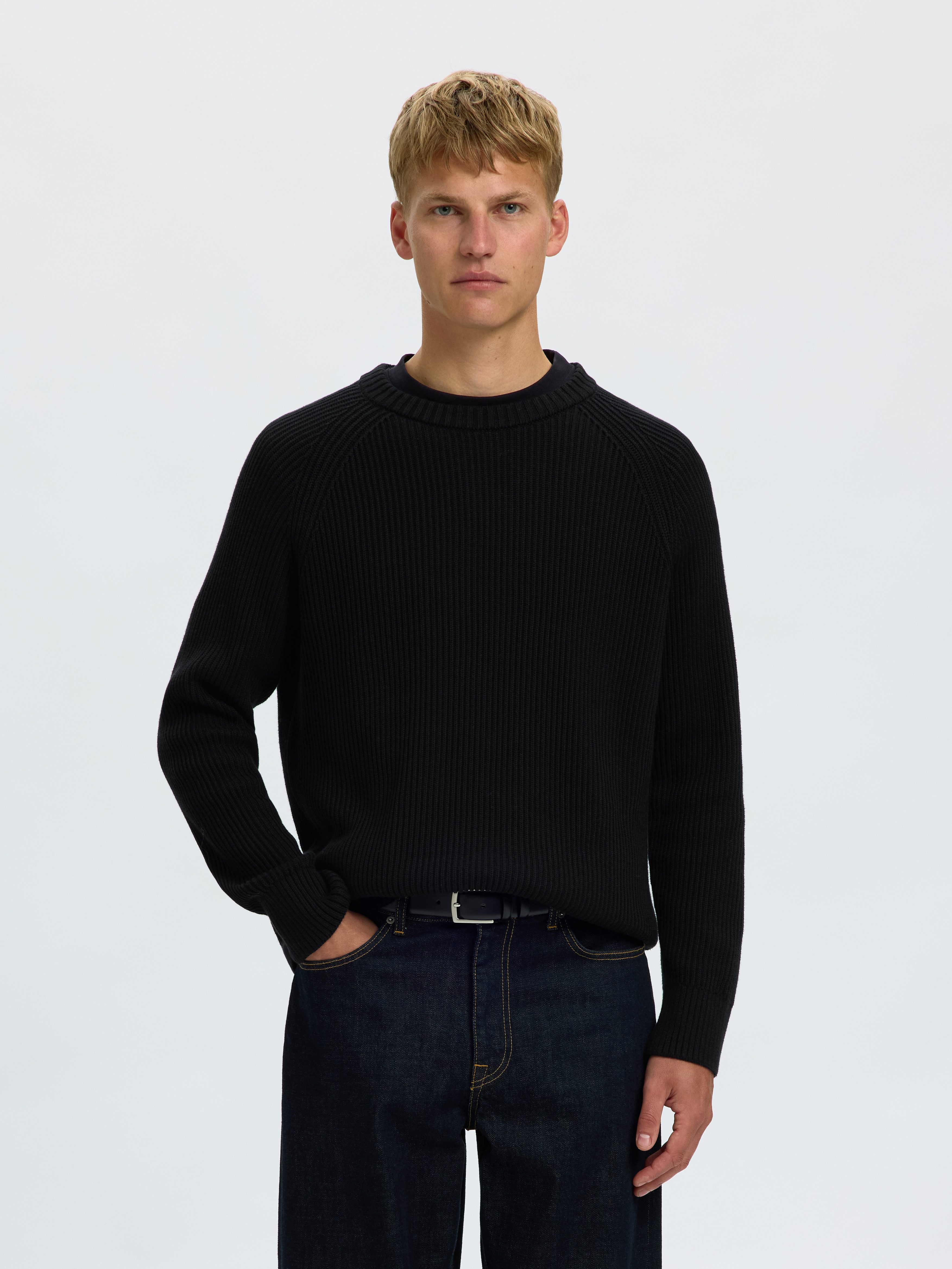 Selected Rundhalspullover SLMBRAUN KNIT RIB CREW NECK NOOS Baumwolle, relaxed fit