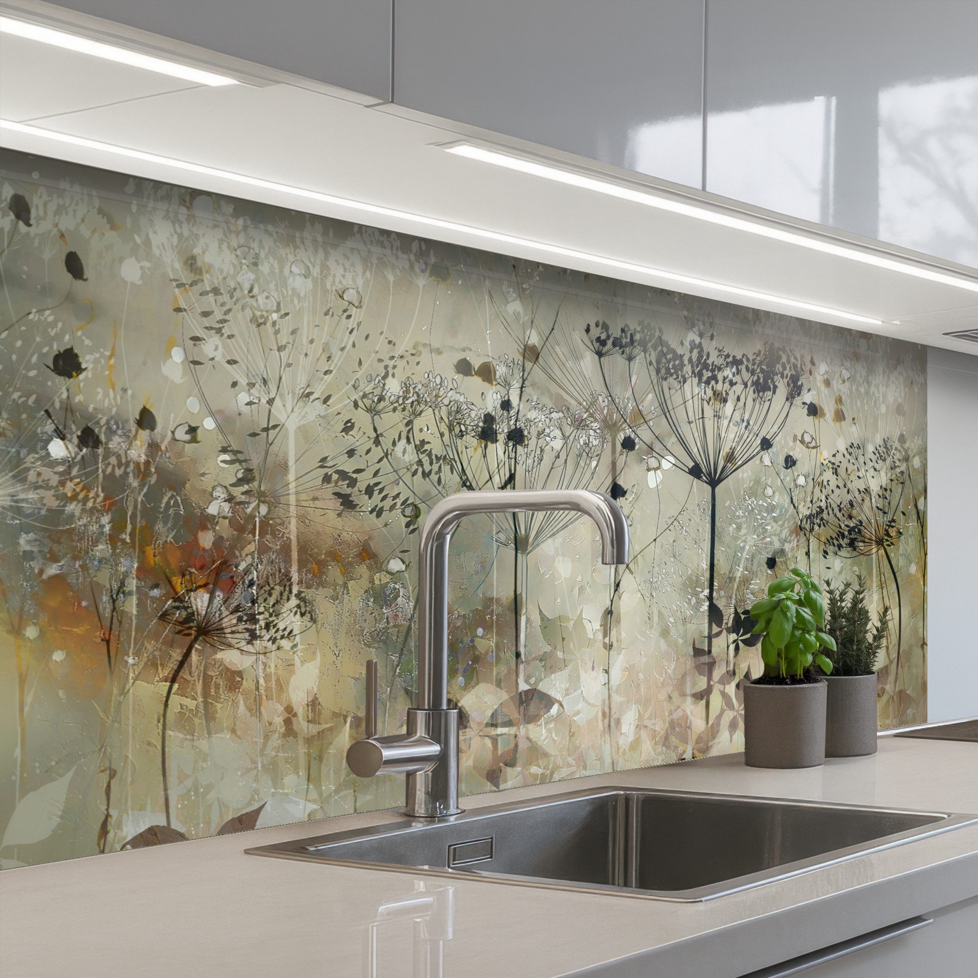 KitchenYeah Küchenrückwand selbstklebend (keine Folie) Blumen - Grau - Natur - Kunst, (1-tlg), Küchenspritzschutz, Küche, Rückwand, Küchenwand, Wandschutz, 100x60 cm