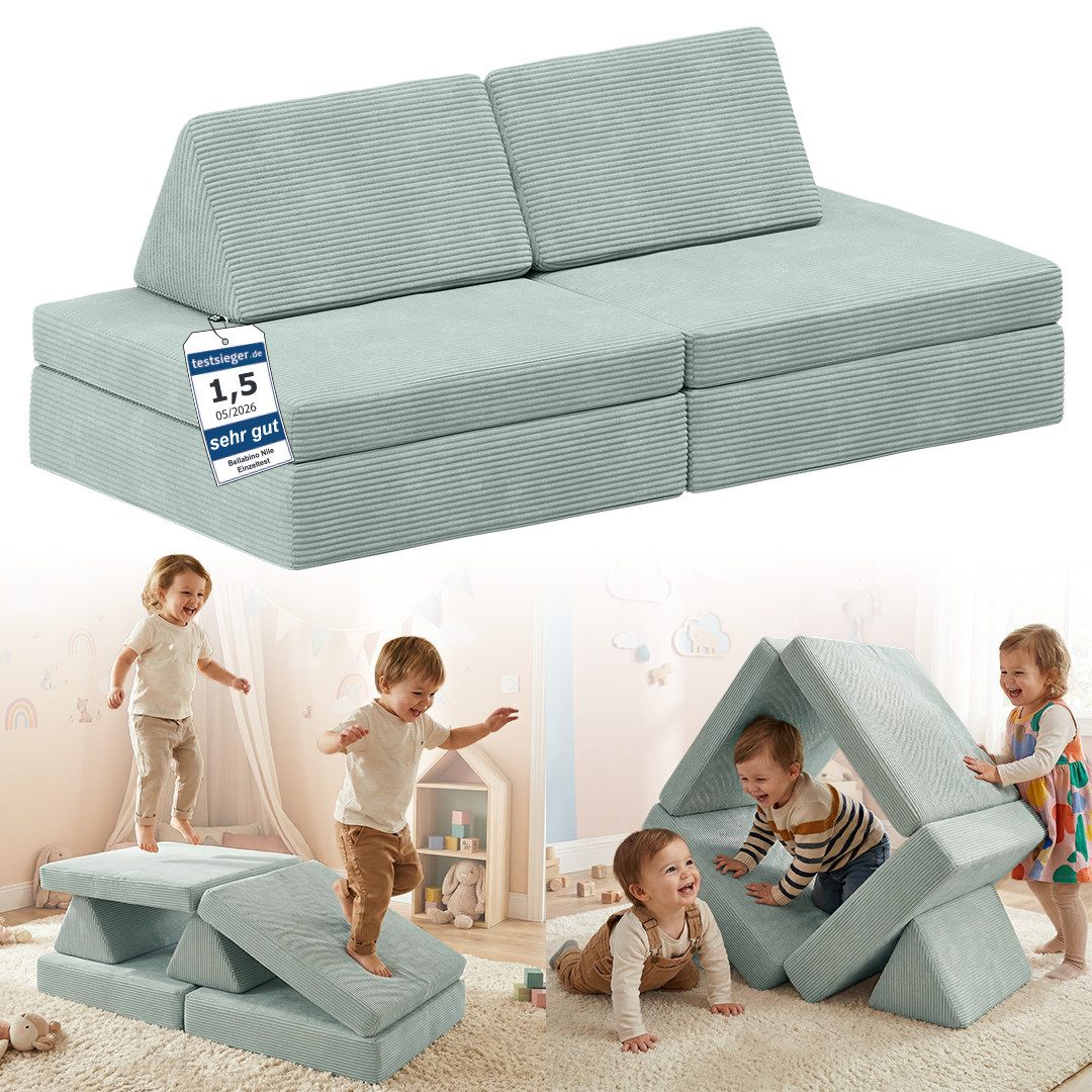 Bellabino Kindersofa Nile aus Schaumstoff Teilen, modulare Kinderspielcouch aus Cord, Türkis, Mini-Variante für Kleinkinder, Cordbezug abnehmbar & waschbar, 130x48x65cm, Oeko-Tex zertifiziert