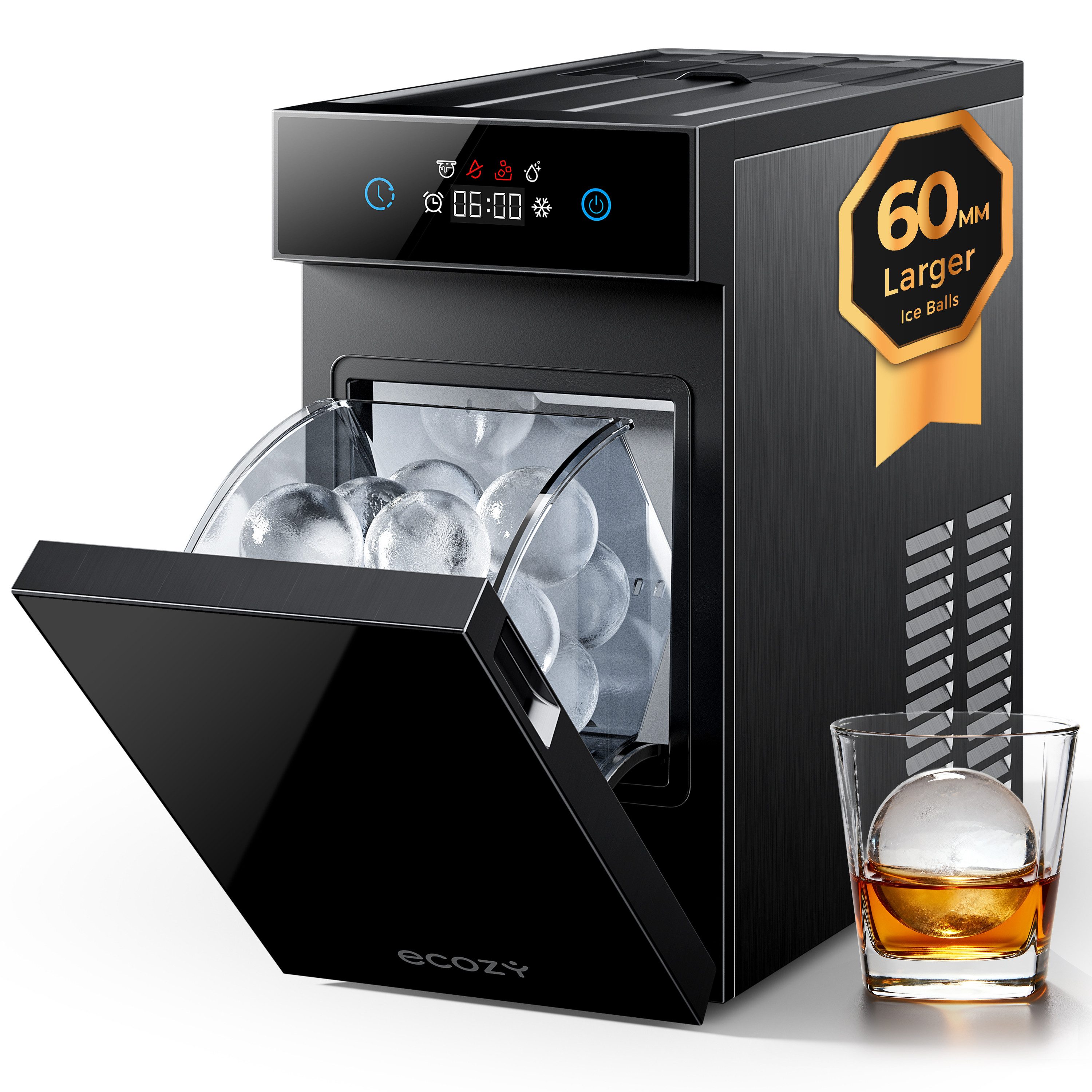 eCozy Eiswürfelmaschine für klare Eiskugeln Ø 60 mm, extragroß, kristallklar, Selbstreinigung, 8h Startzeitvorwahl, LED-Touchdisplay