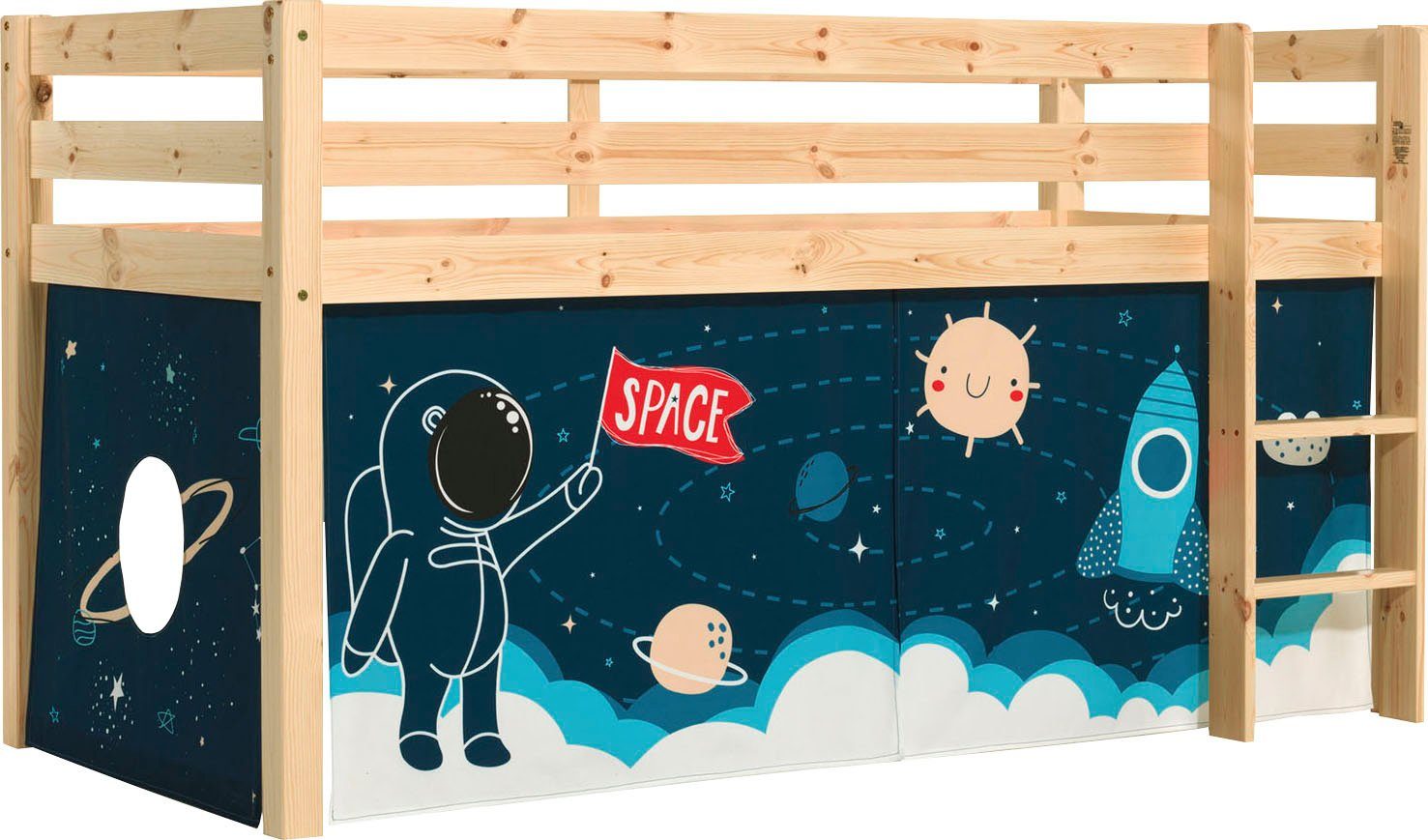 Vipack Spielbett Pino, Kiefer massiv, mit Rolllattenrost u. Textil-Set, Made in Europe (B/H/T ca. 210x114x106cm, mit Leiter und Absturzschutz), verschiedene Textil Dessins, 3 Gestellfarben zur Wahl