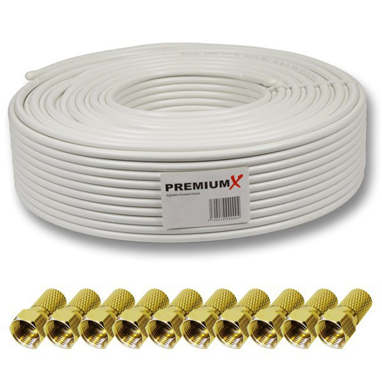 PremiumX 50m PROFI PRO Koaxial Kabel 135 dB 5-Fach reines Kupfer + 10 F-Stecker SAT-Kabel