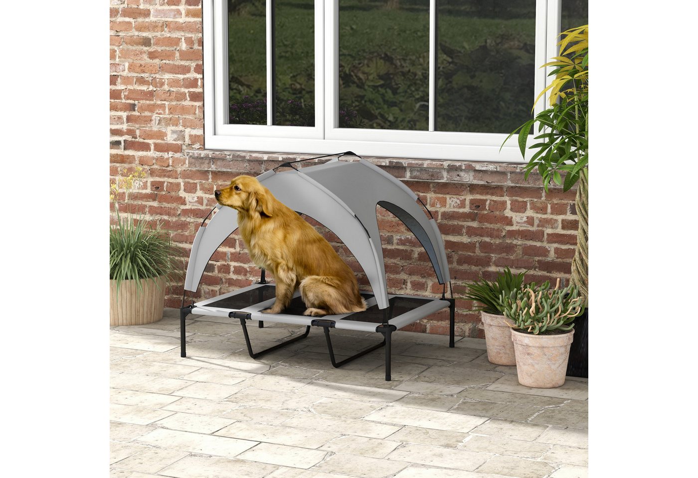 Thumbnail - PawHut Tierbett Erhöhtes Hundebett mit Baldachin, Outdoor Hundeliege mit Dach, Oxfordstoff, Netzstoff, 106 x 76 x 94 cm