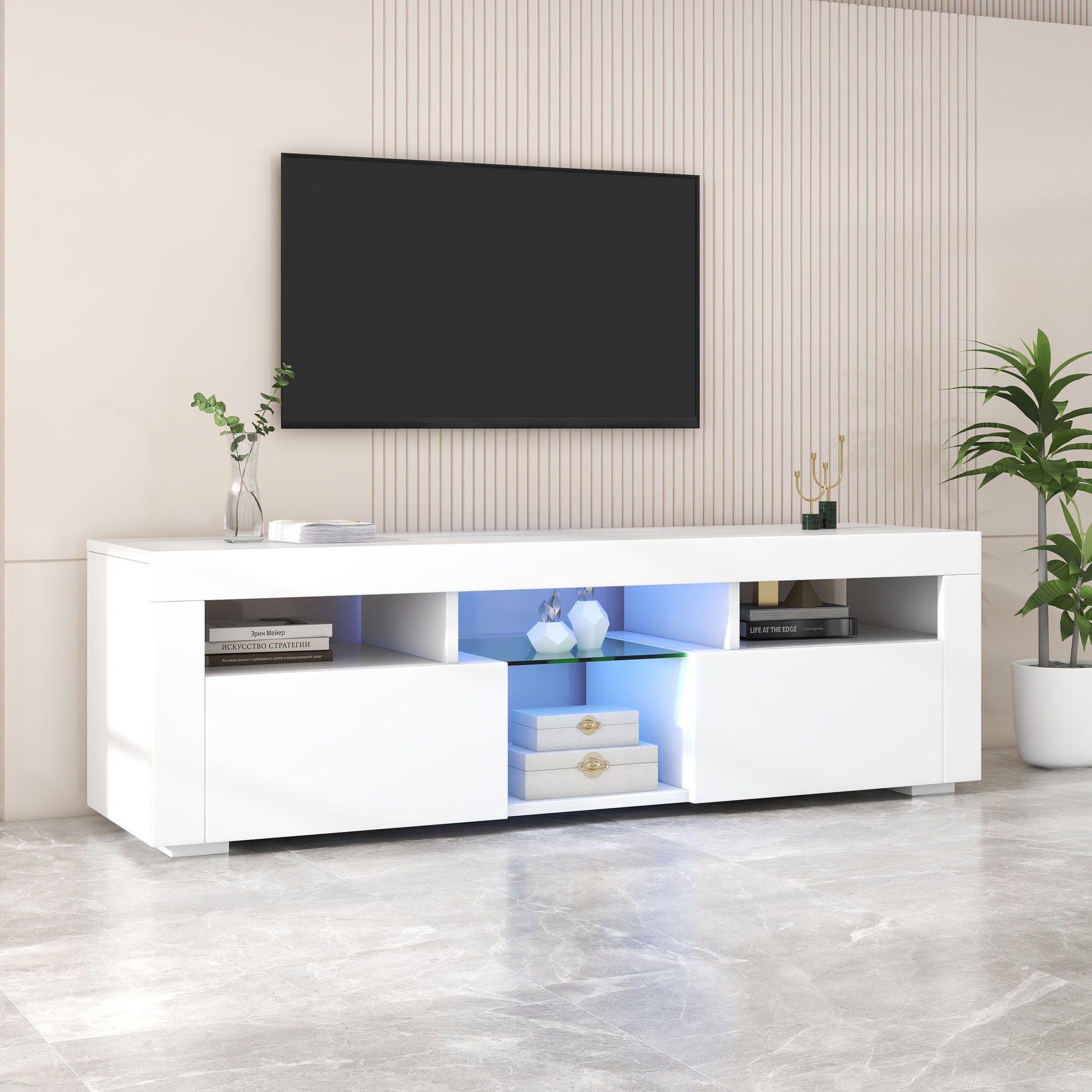 OKWISH TV-Schrank Fernsehtisch Lowboard TV-Board (Breite : 140cm) TV-Panel, mit LED-Beleuchtung, TV board