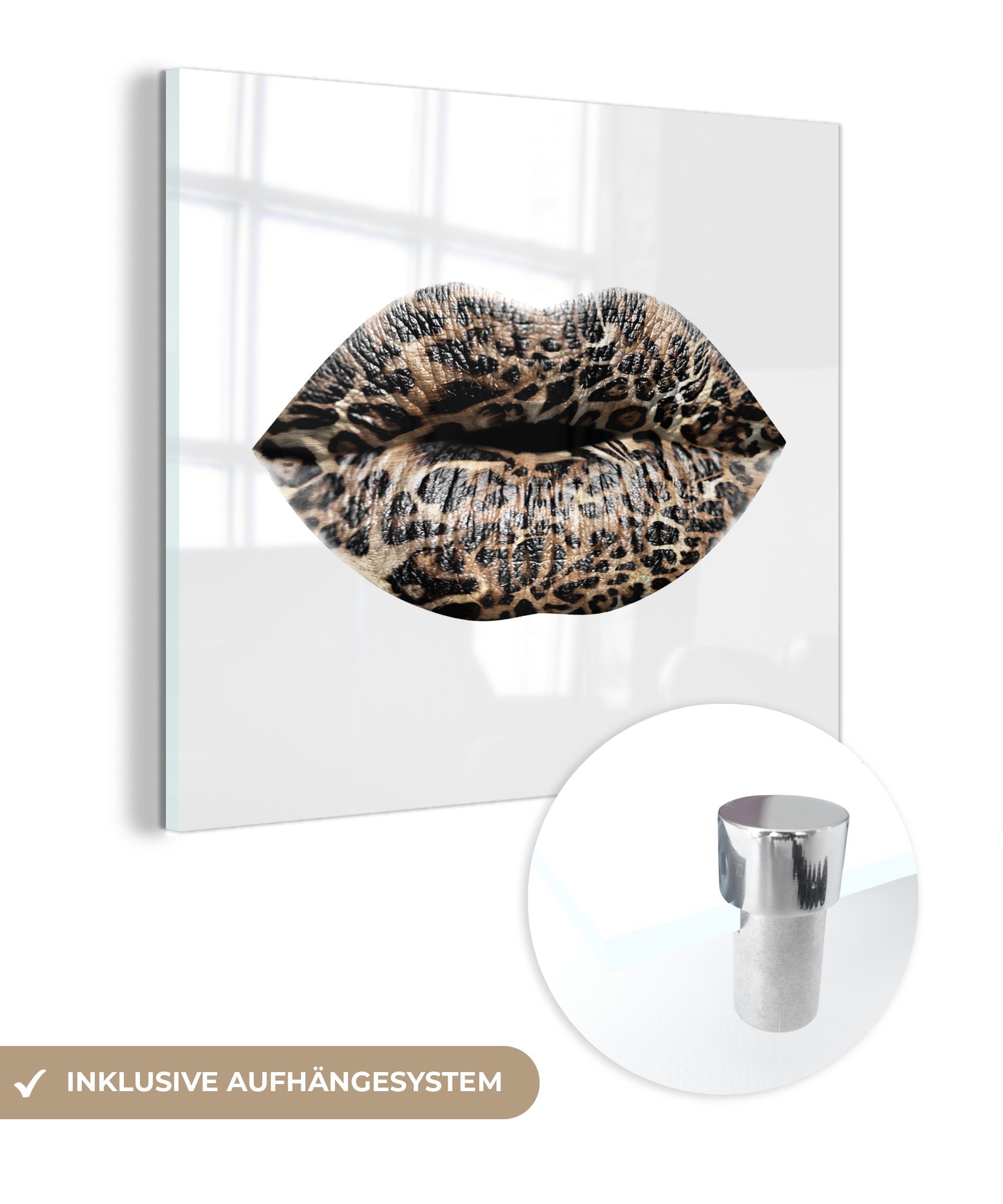 MuchoWow Acrylglasbild Lippen - Tigerdruck - Weiß, Wandbild Glasbilder Bilder auf (1 Glas - - St), - auf Glas Wanddekoration Foto