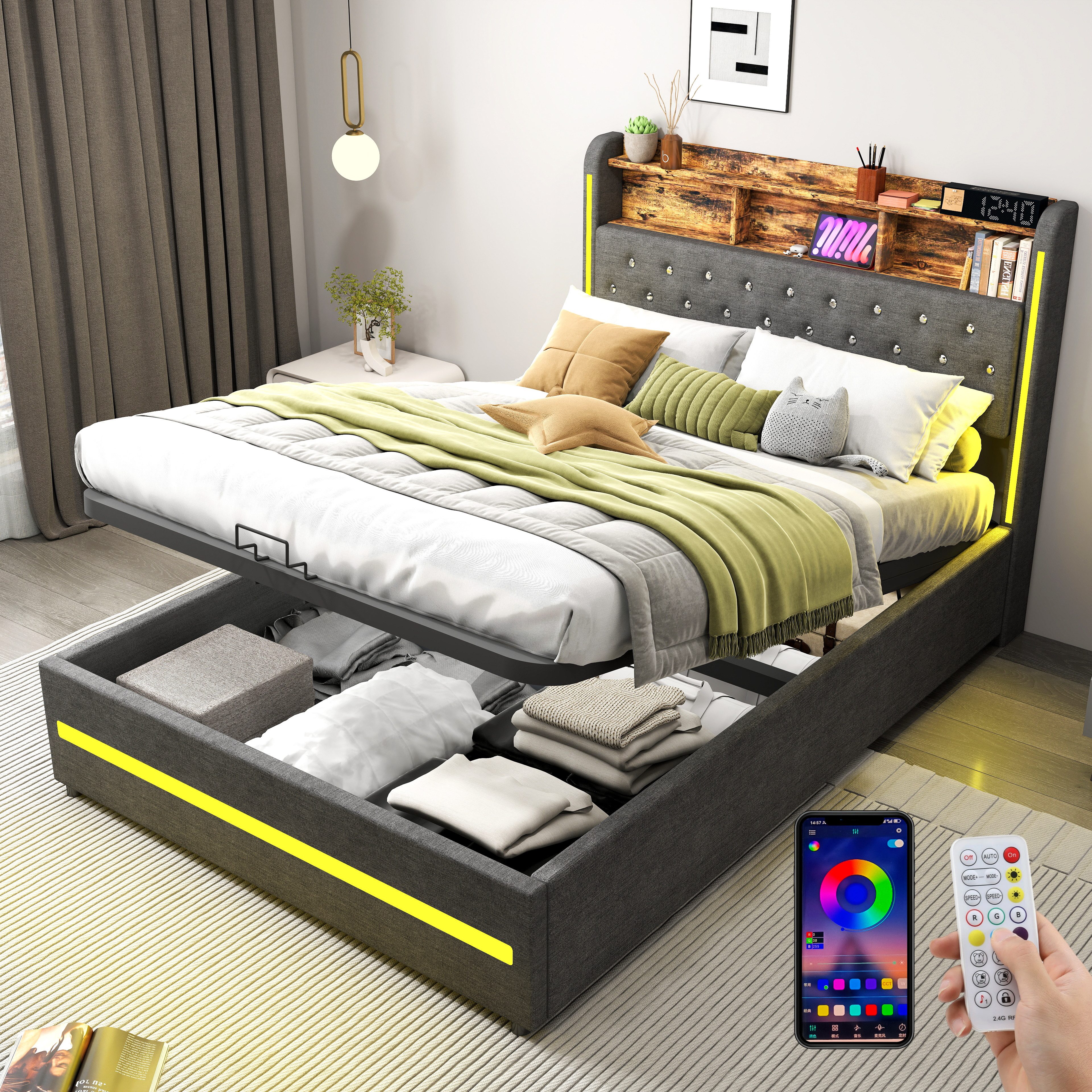 oyajia Polsterbett Stauraumbett Doppelbett LED, Leinenstoff (Mit Bettkasten günstig online kaufen