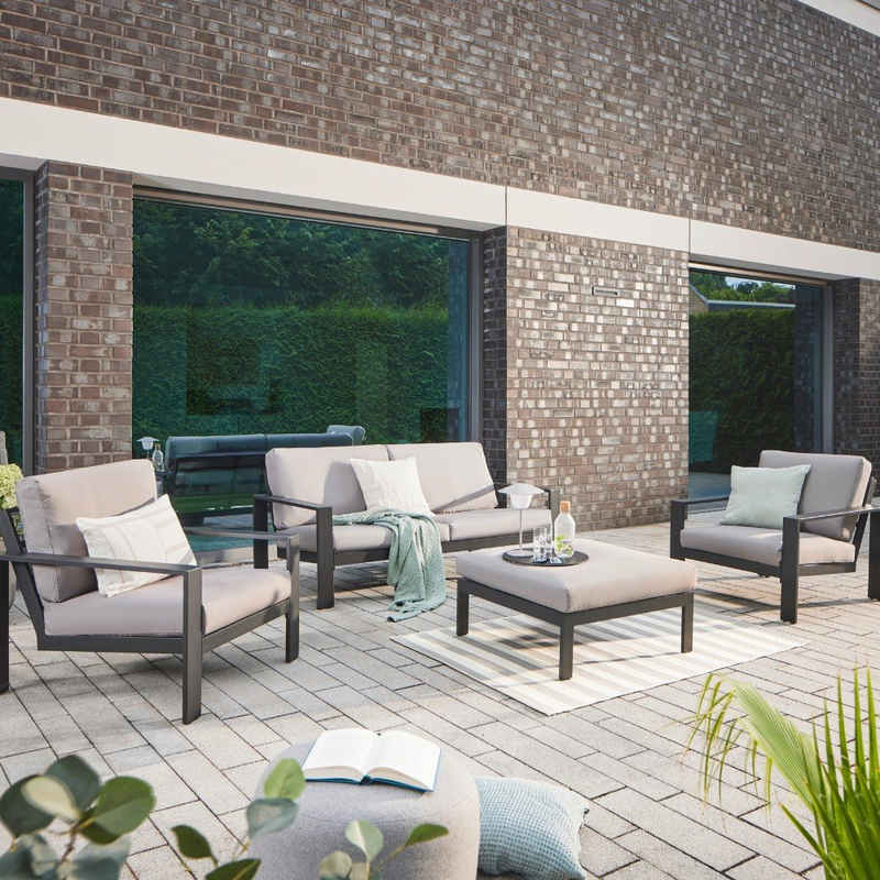 HOME DELUXE Sitzgruppe »Sitzgruppe RIO«, (Set, 2x Sessel, Sofa, Hocker und Kissen), Rahmen aus leichtem, extrastabilem und rostfreiem Aluminium