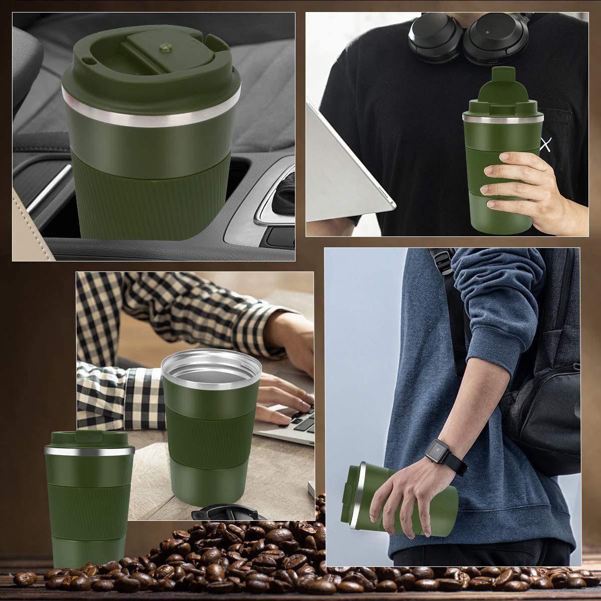 GelldG Becher Kaffeebecher mit auslaufsicherem Deckel, Grün Thermobecher-Isolierbecher