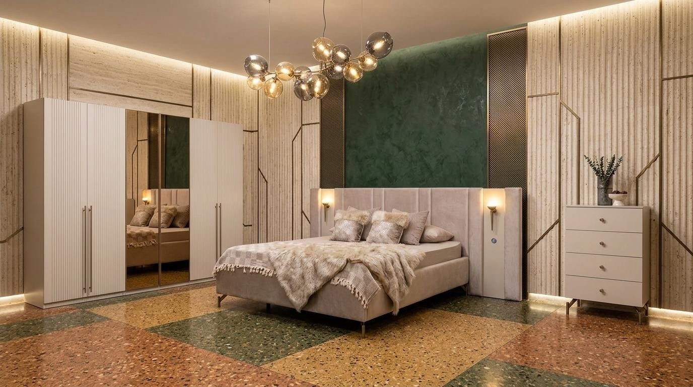 Xlmoebel Schlafzimmer-Set Bett Kommode Garderobenschrank Schlafzimmer modern beige